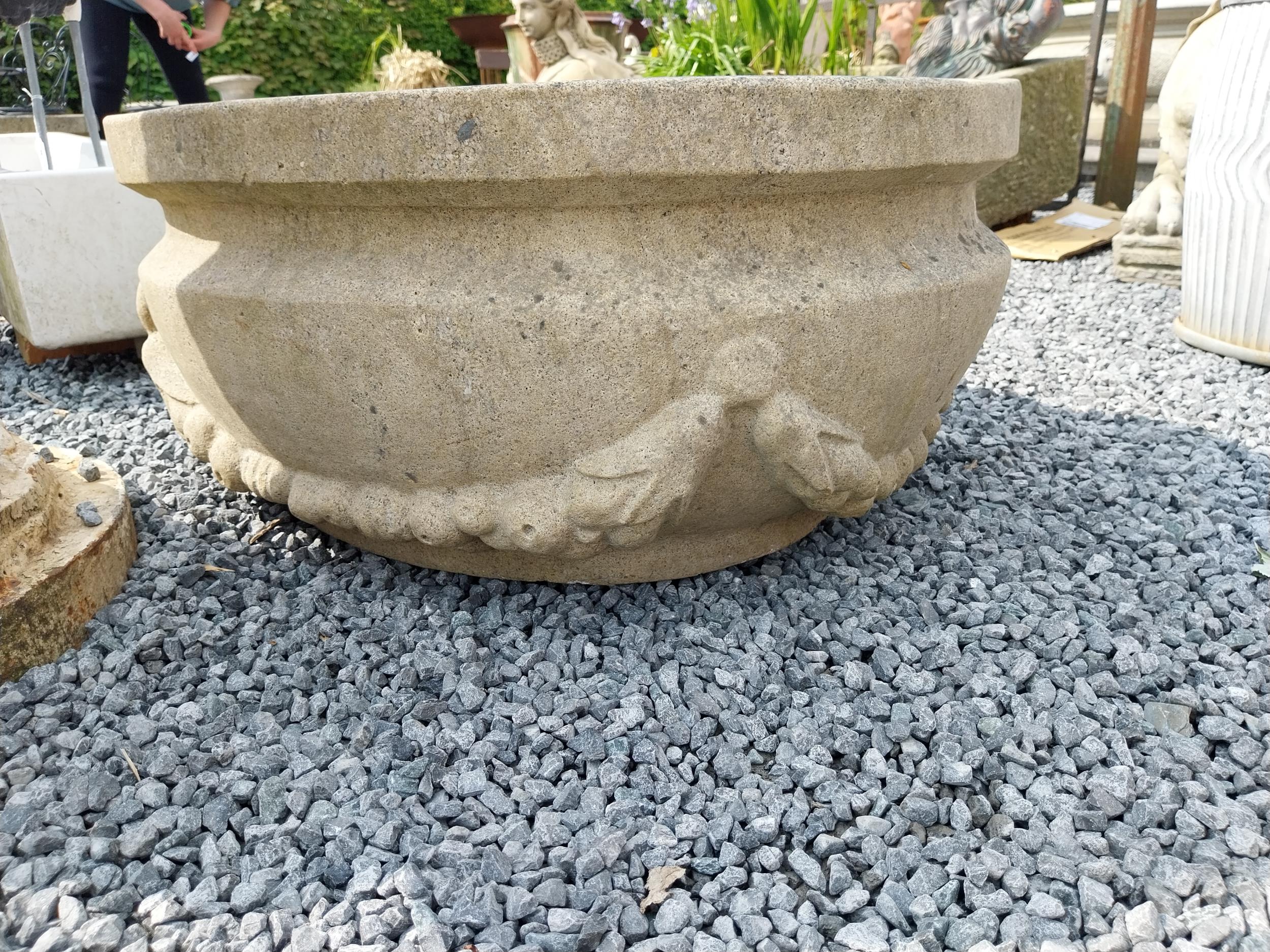 Good quality carved sandstone planter decorated with swags {37 cm H x 80 cm W x 61 cm D}. - Image 3 of 3