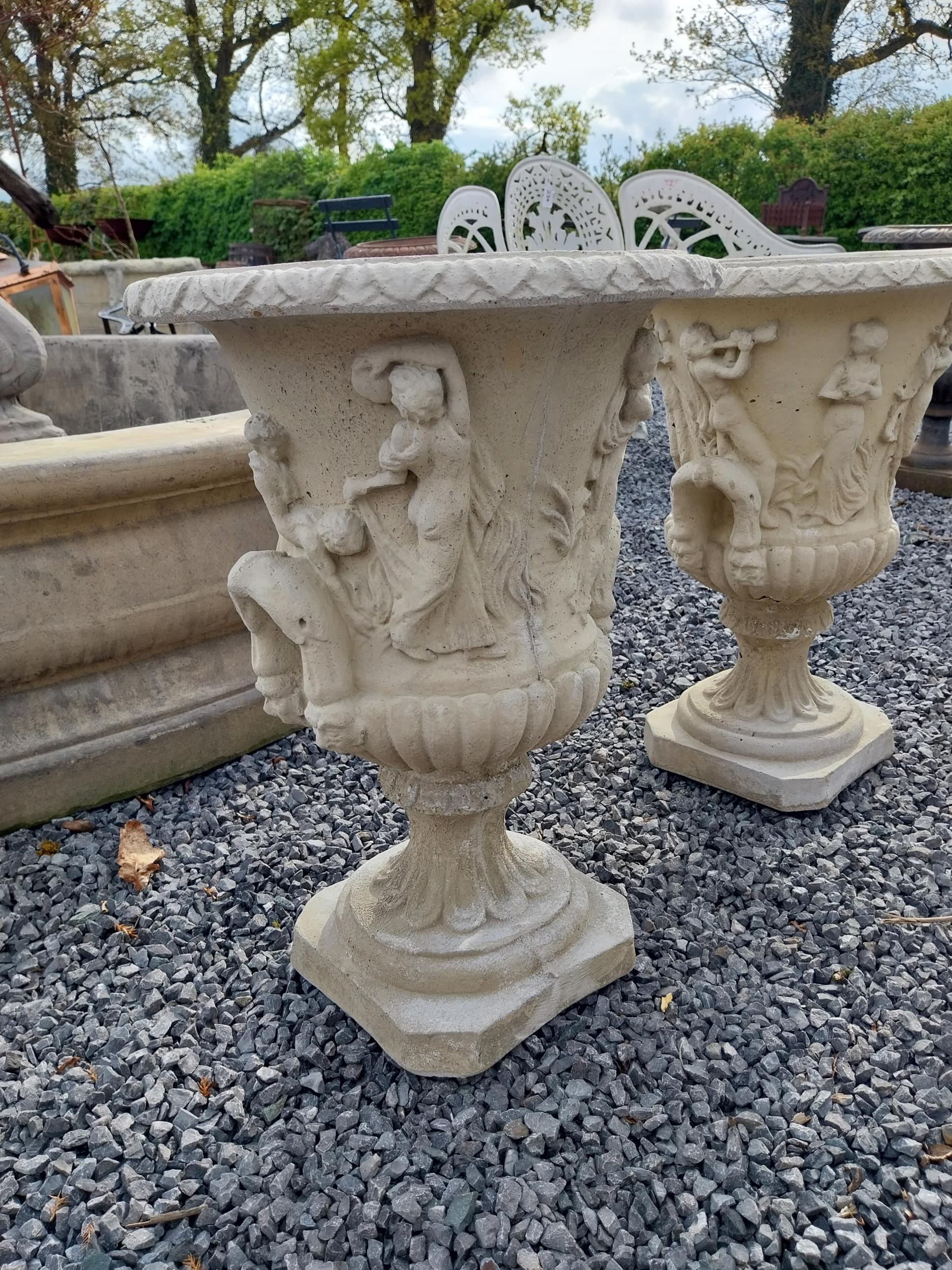 Pair of good quality moulded sandstone Grecian urns {57 cm H x 39 cm Dia.}. - Image 2 of 4