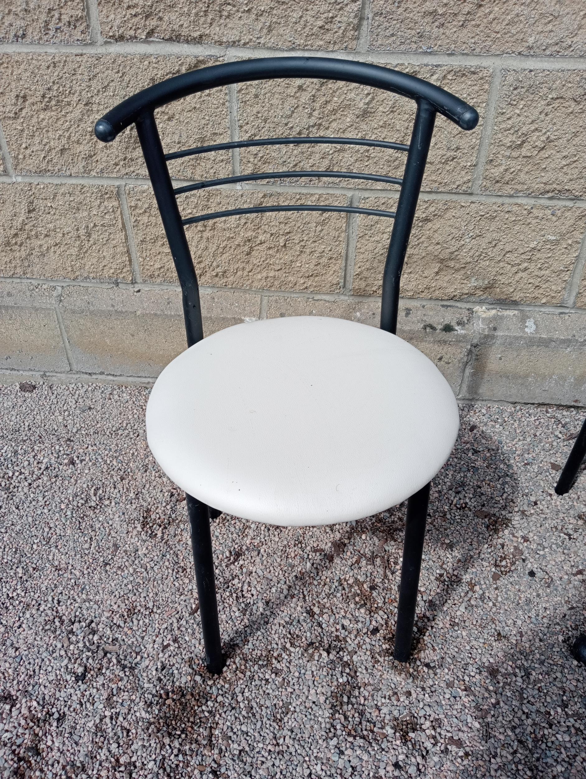 Cast iron table with marble top and six metal chairs with leather seats {Table H 72cm x W 120cm x - Image 3 of 7