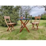 Good quality teak folding garden table with three matching garden chairs {Tbl. 71 cm H x 68 cm W x