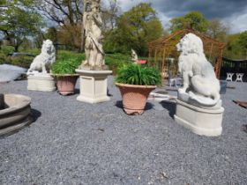 Pair of good quality moulded stone statues of seated Lions raised on pedestals {185 cm H x 123 cm