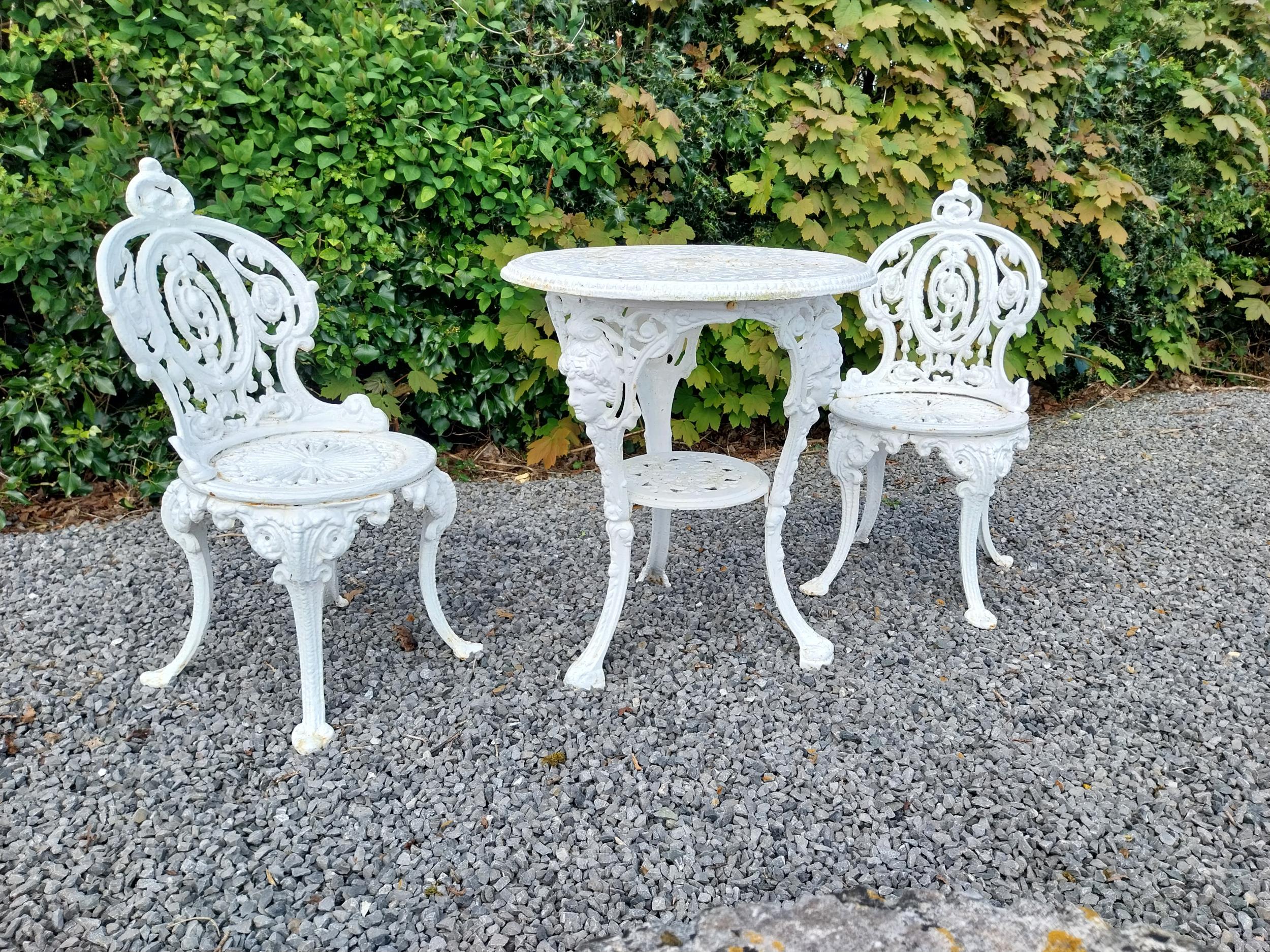 19th C. cast iron garden table with two matching chairs {Tbl. 68 cm H x 59 cm Dia. and Chairs 83 - Image 3 of 11