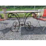 Good quality wrought iron and brass butchers table with marble top {76 cm H x 120 cm W x 60 cm D}.