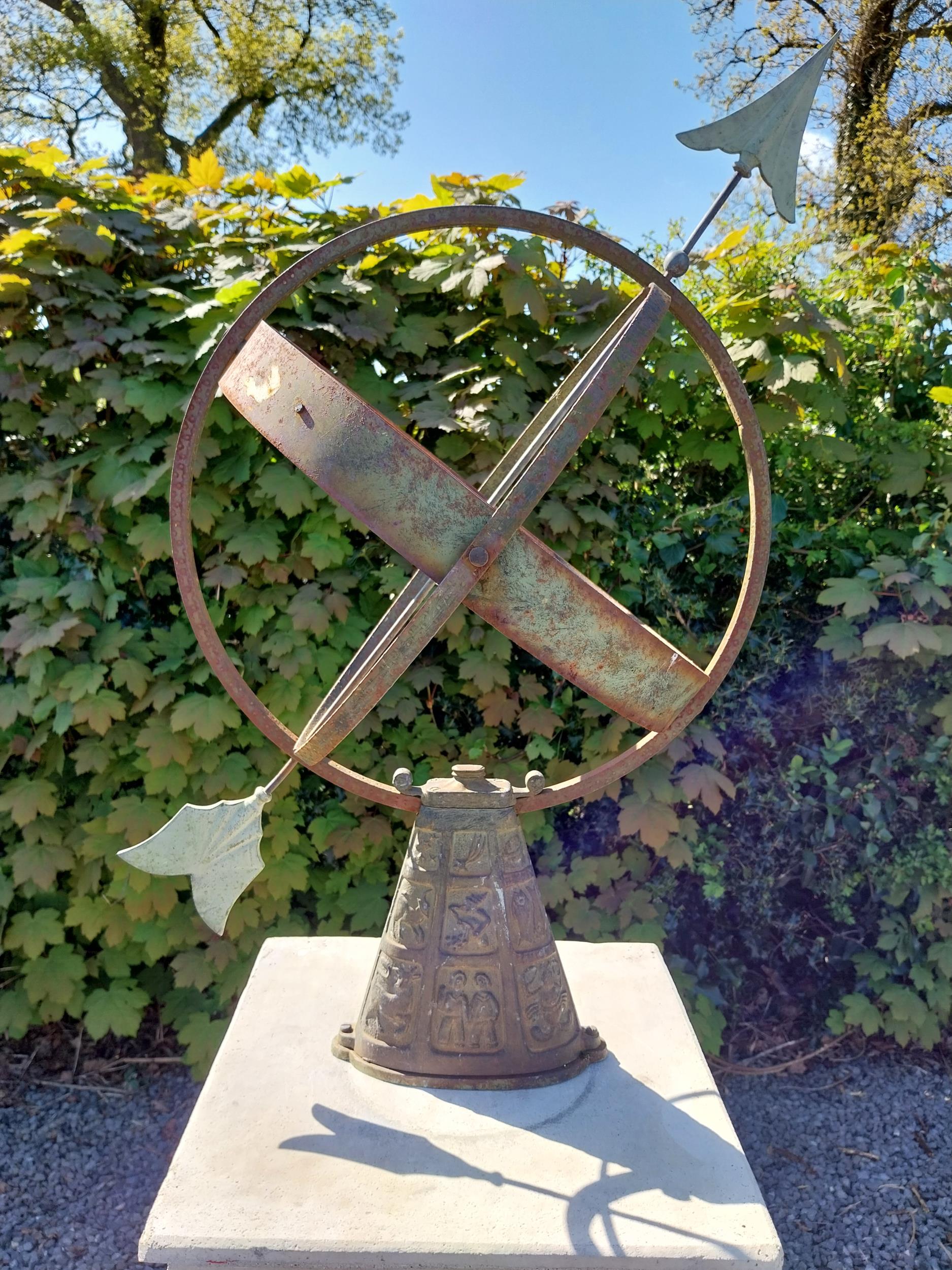 Copper and metal Armorial sundial raised on moulded sandstone pedestal {158 cm H x 40 cm W x 40 cm - Image 6 of 10