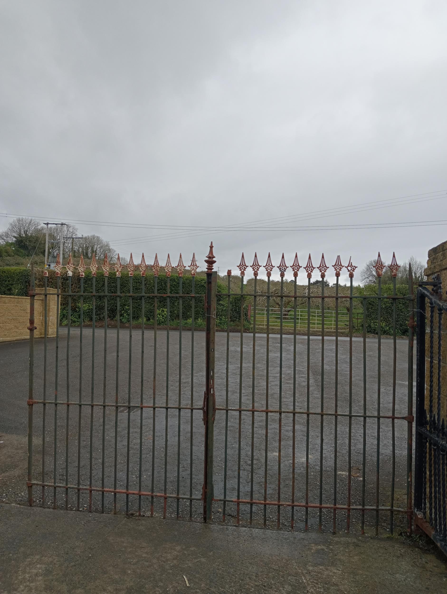 Pair of wrought iron gates spiked finials {H 160cm x W 310cm }. (NOT AVAILABLE TO VIEW IN PERSON)