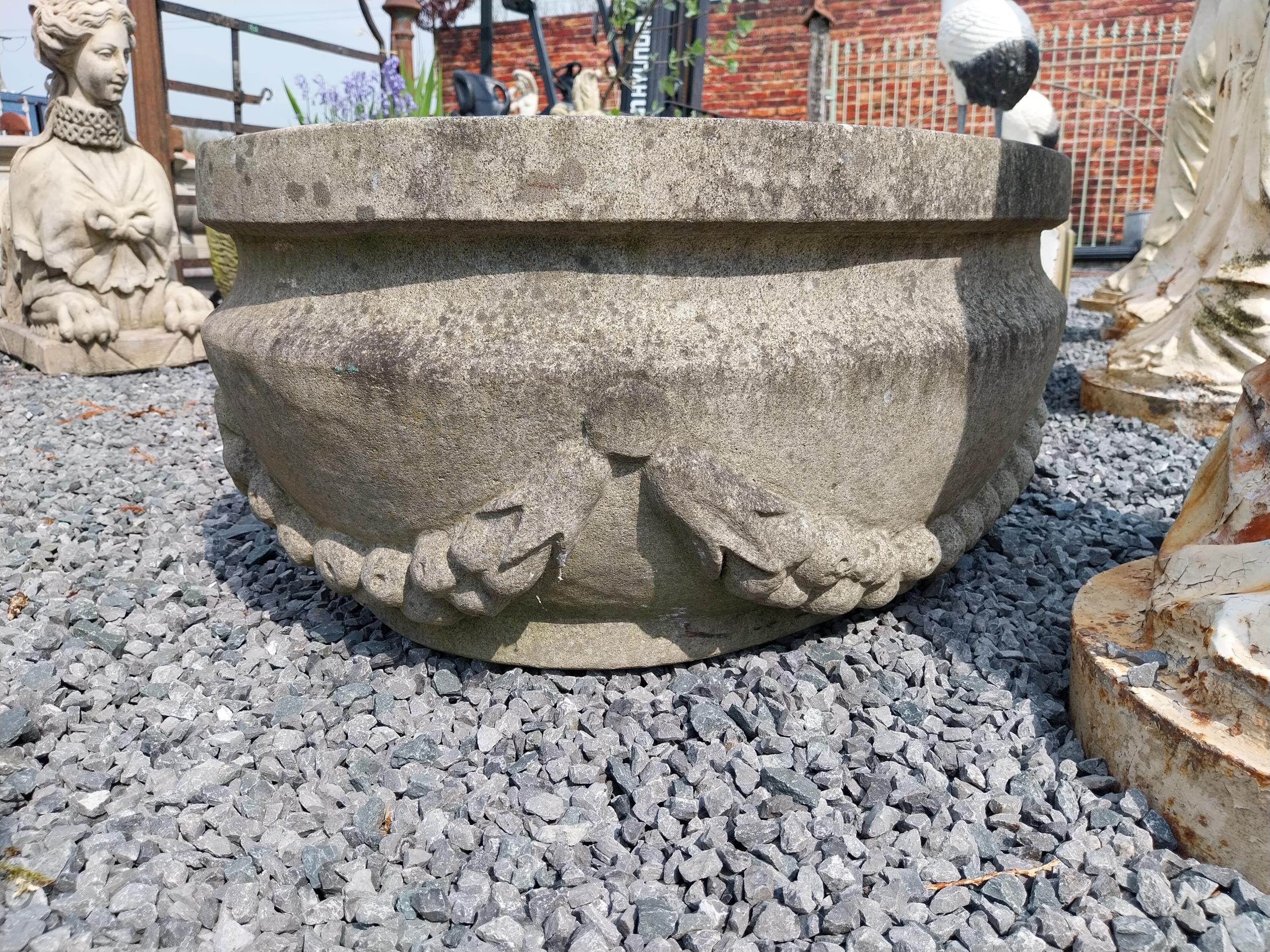 Good quality carved sandstone planter decorated with swags {37 cm H x 80 cm W x 61 cm D}. - Image 3 of 3