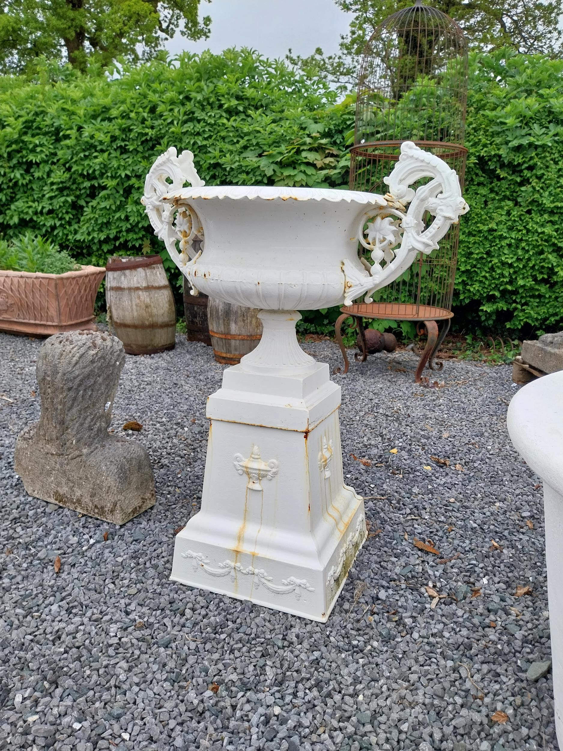 Decorative French cast iron urn raised on pedestal {109 cm H x 86 cm W x 60 cm D}. (NOT AVAILABLE TO - Image 8 of 8