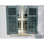 Pair of French style green louvred window shutters {H 134cm x W 105cm x D 5cm}.