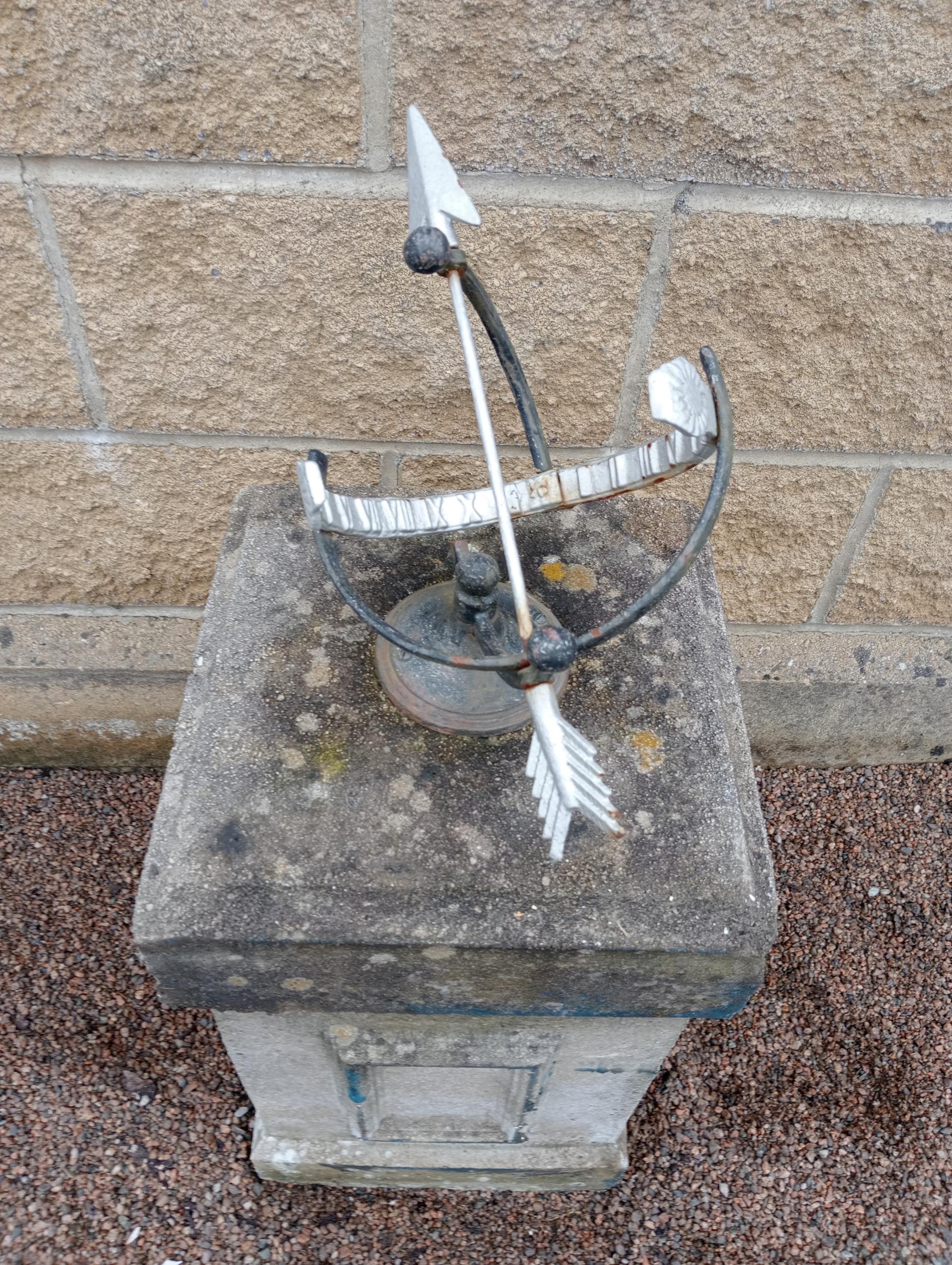 Wrought iron Armorial sundial raised on composition stone square pedestal {H 80cm x 33 x 33}. (NOT - Image 2 of 3