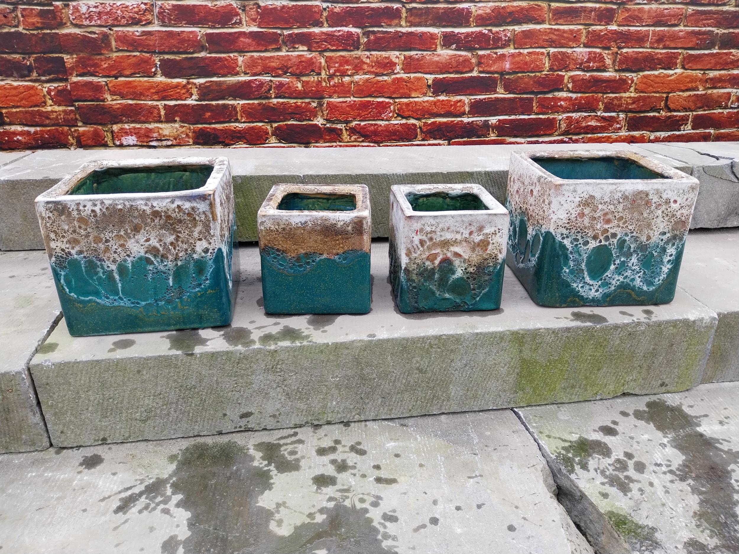 Set of four Atlantis glazed terracotta plant pots {20 cm H x 22 cm W x 22 cm D and 16 cm H x 15 cm W - Image 4 of 11
