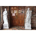 Pair of terracotta glazed four season statues raised on pedestal {H 200cm x W 50cm x D 50cm }. (