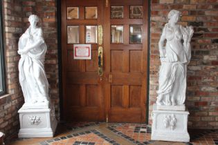Pair of terracotta glazed four season statues raised on pedestal {H 200cm x W 50cm x D 50cm }. (