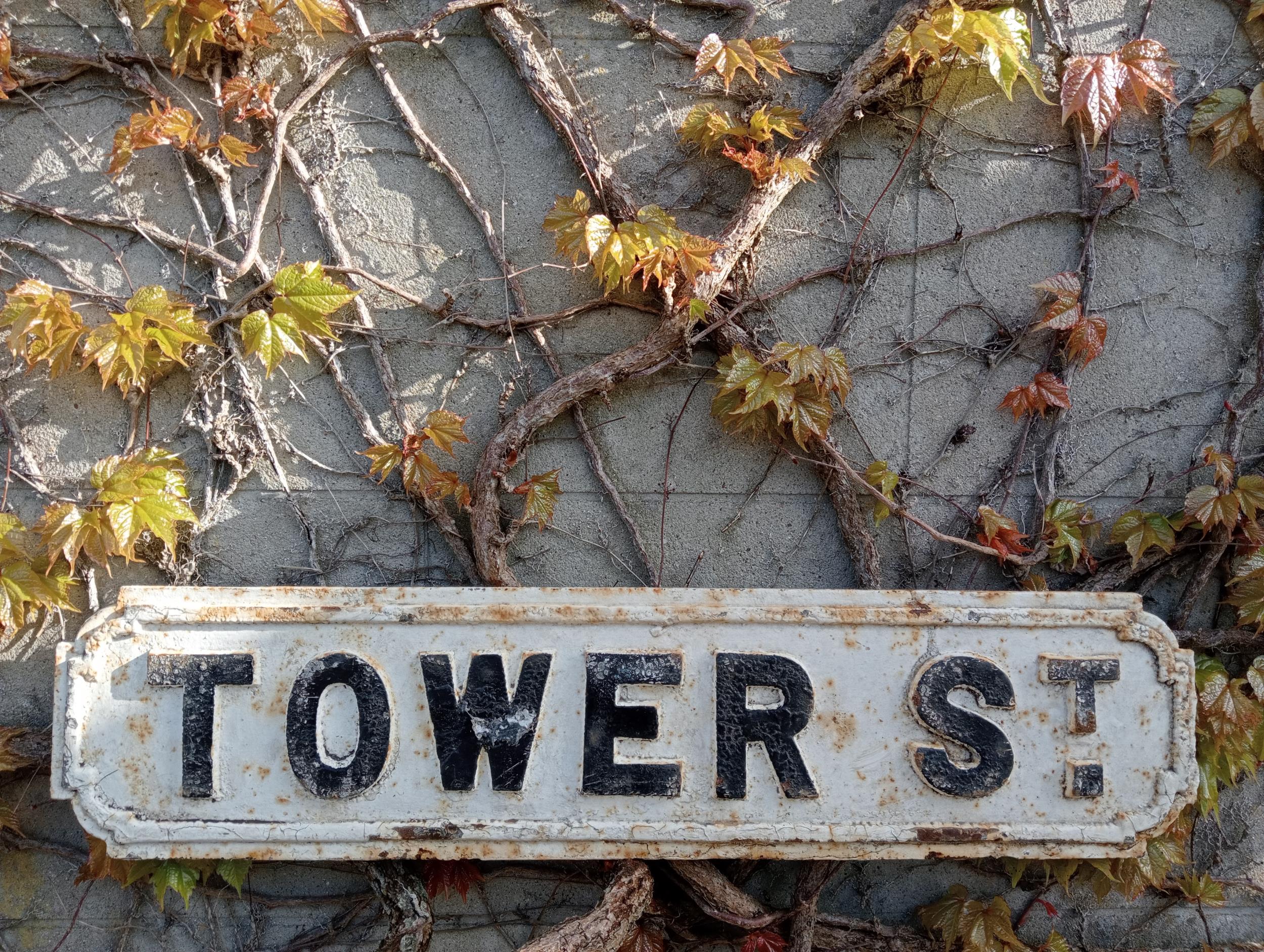 Cast iron Street sign Tower St {H 18cm x W 76cm }. (NOT AVAILABLE TO VIEW IN PERSON)