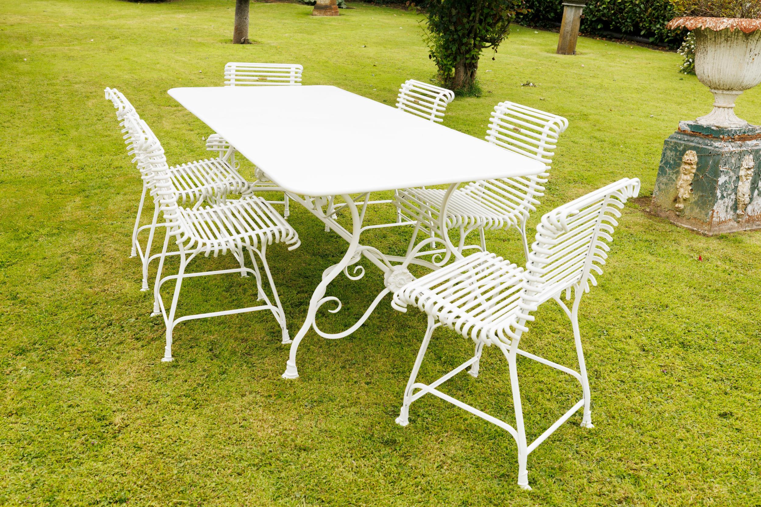 Exceptional quality hand forged wrought iron Arras style garden table and six matching ladder back - Image 3 of 9