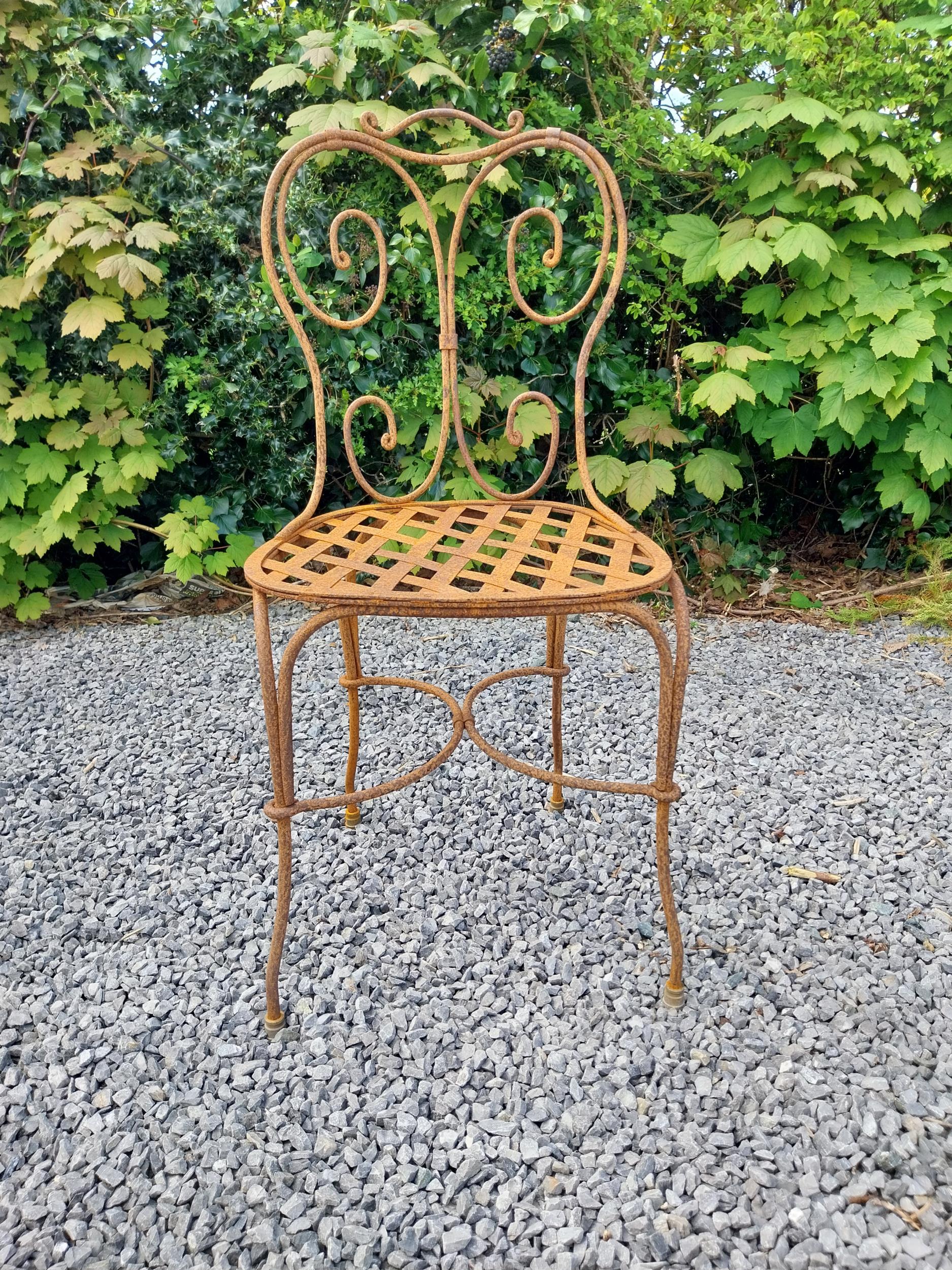 Wrought iron café - garden circular table with two matching chairs {Tbl. 75 cm H x 70 cm Dia. Chairs - Image 5 of 10