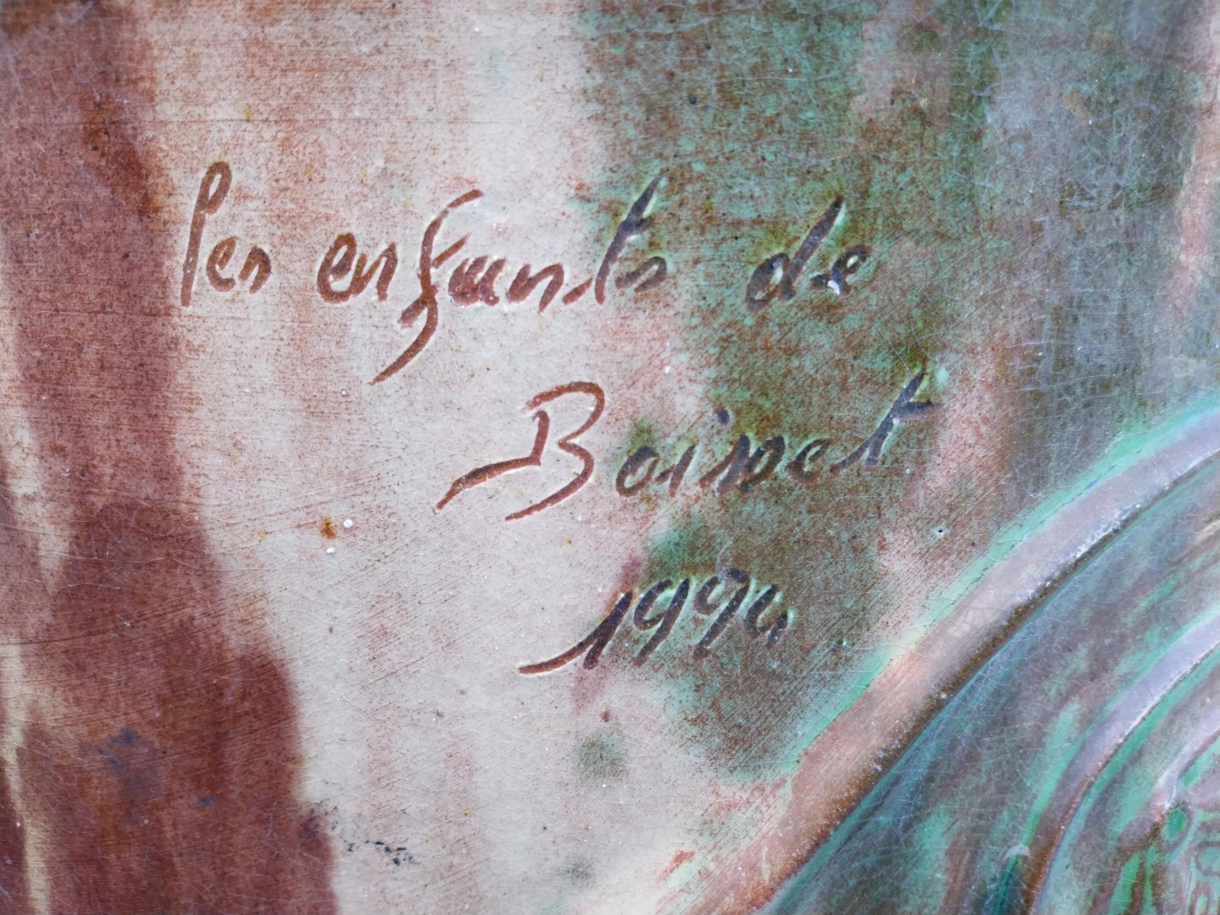 Good quality glazed terracotta Boisset Anduze urn signed (1992) {72 cm H x 56 cm Dia.}. - Image 7 of 9