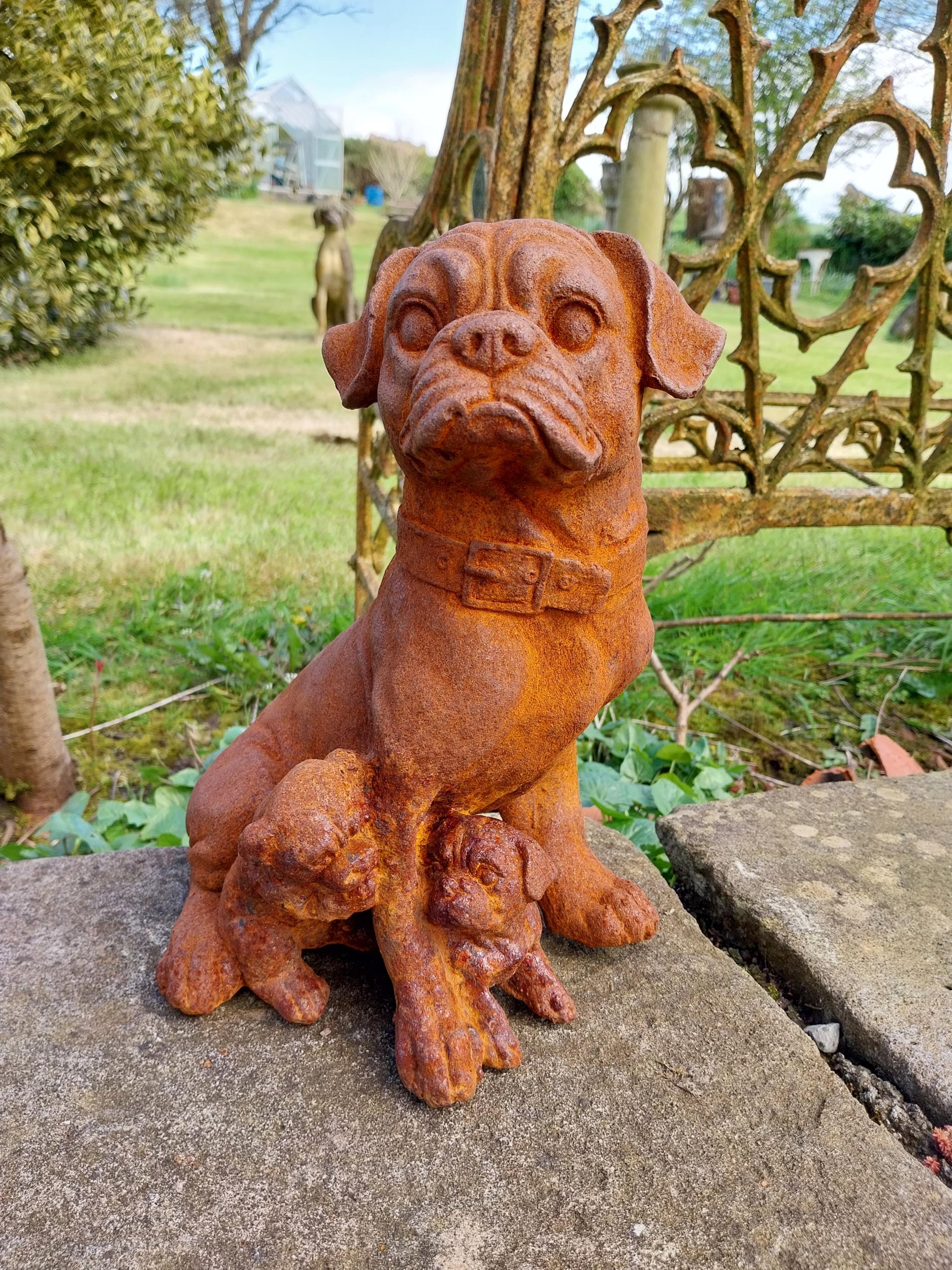 Good quality cast iron statuette of Pug and her pups {32 cm H x 24 cm W x 19 cm D}.