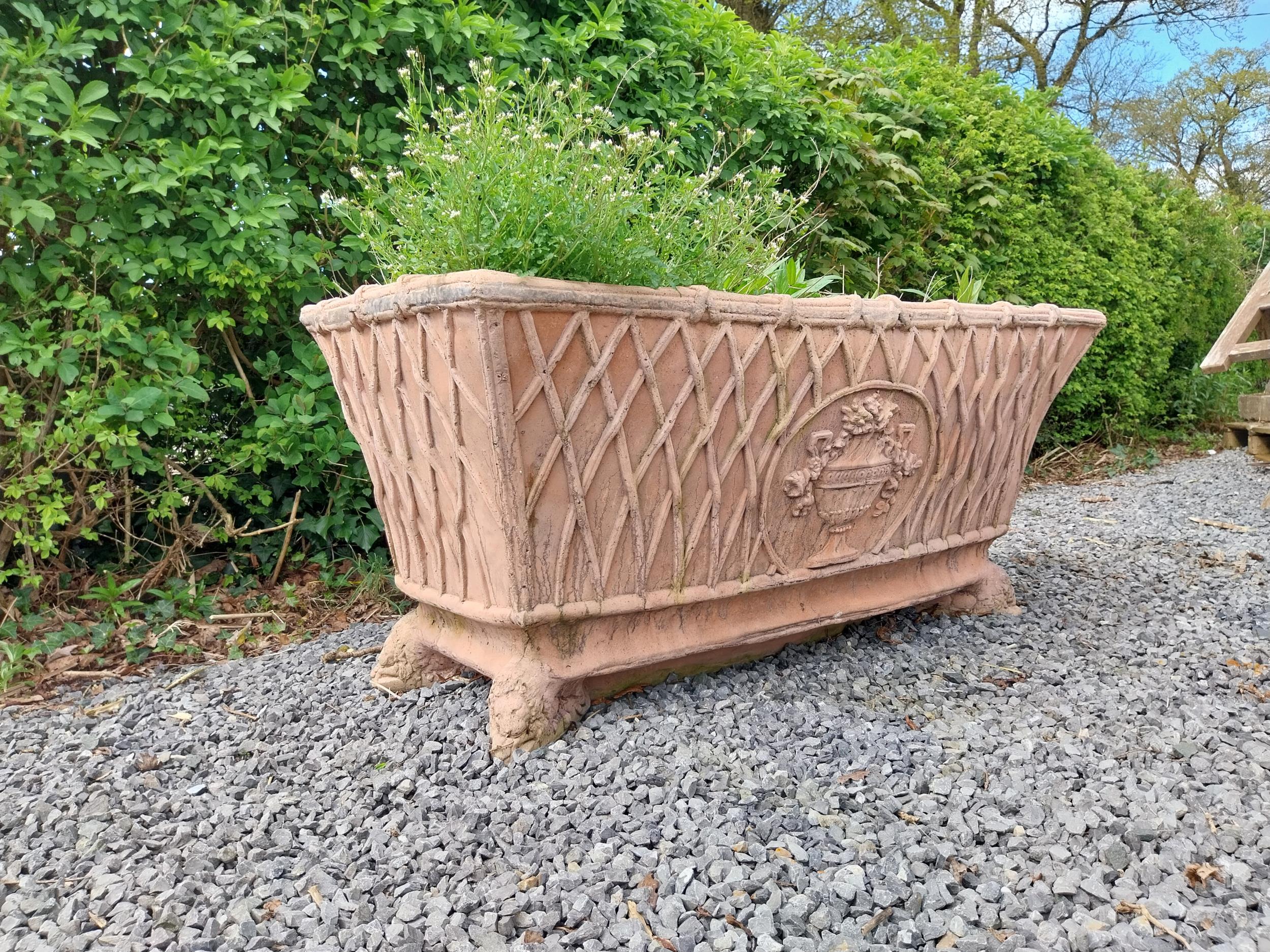 Moulded terracotta rectangular lattice planters on Lions feet {52 cm H x 114 cm W x 56 cm D}. - Image 5 of 6