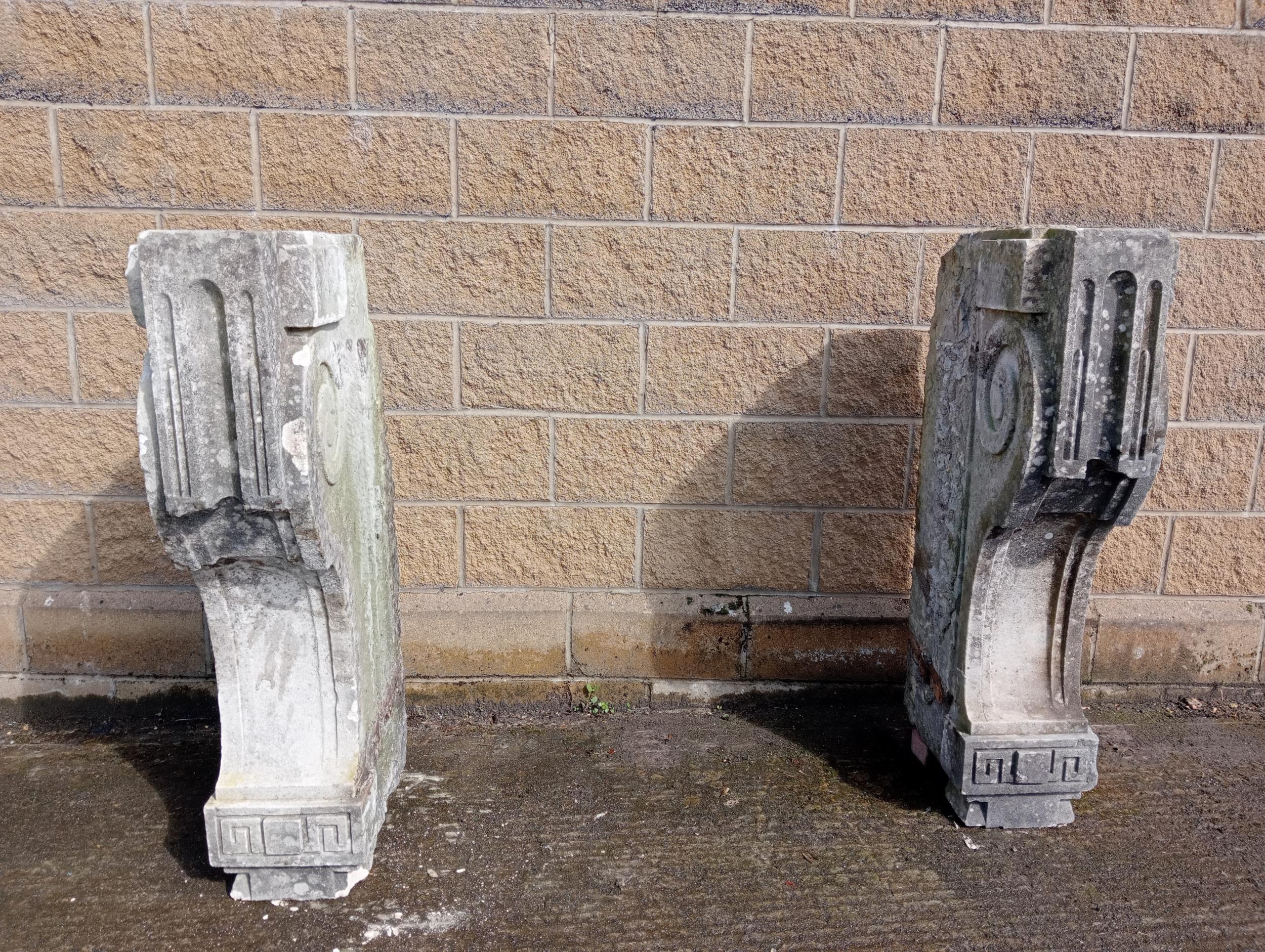 Pair of sandstone scroll design balcony corbels {H 118cm x W 30cm x D 65cm }. (NOT AVAILABLE TO VIEW