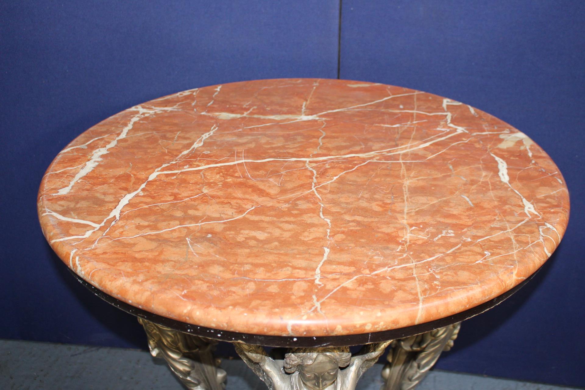 Bronze circular garden table with marble round top raised on three decorative Angel legs {H 84cm x D - Image 4 of 4