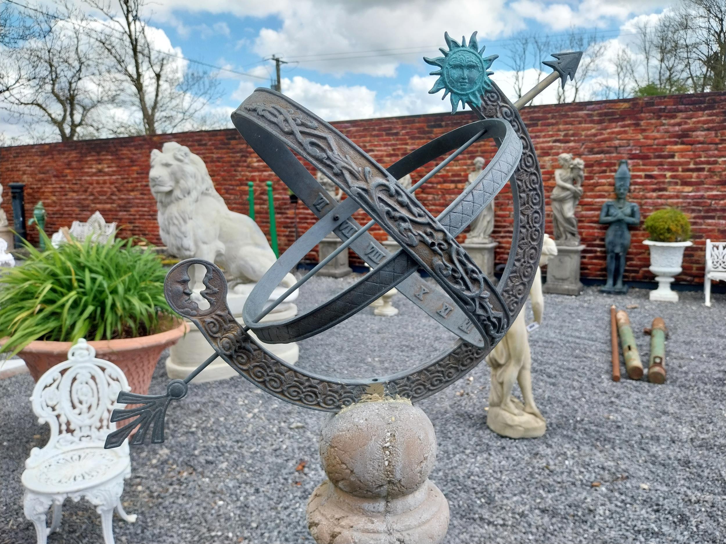 Bronze armillary sundial raised on moulded stone pedestal {150 cm H x 42 cm W x 42 cm D} - Image 5 of 9