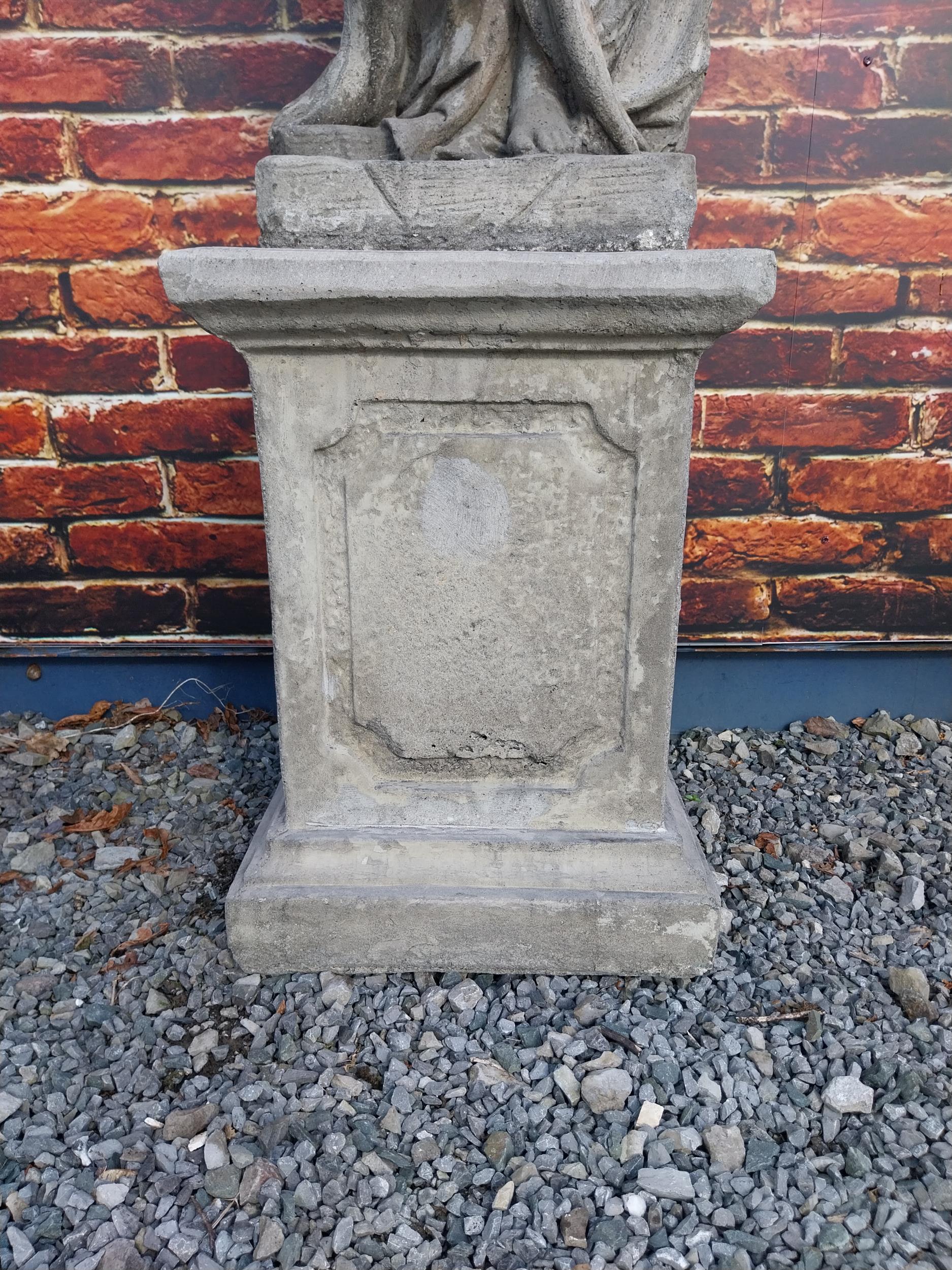 Good quality moulded sandstone Four Seasons statues raised on pedestals {189 cm H x 47 cm W x 47 - Image 19 of 26