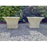 Pair of moulded sandstone square lattice planters {41 cm H x 48 cm W x 48 cm D}.