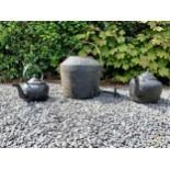 Cast iron boiler and two cast iron kettles {38 cm H, 29 cm H and 34 cm H}.