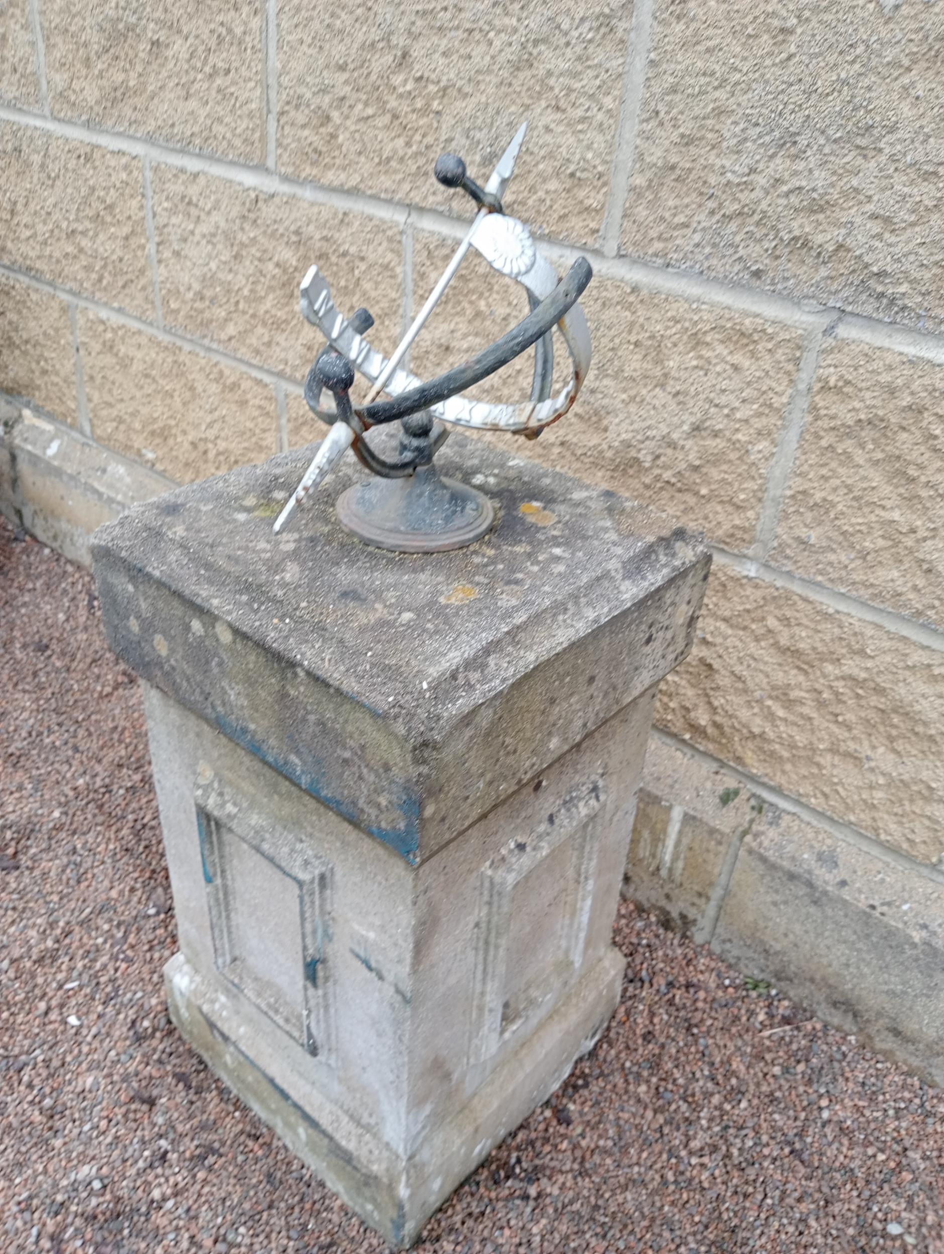 Wrought iron Armorial sundial raised on composition stone square pedestal {H 80cm x 33 x 33}. (NOT - Image 3 of 3