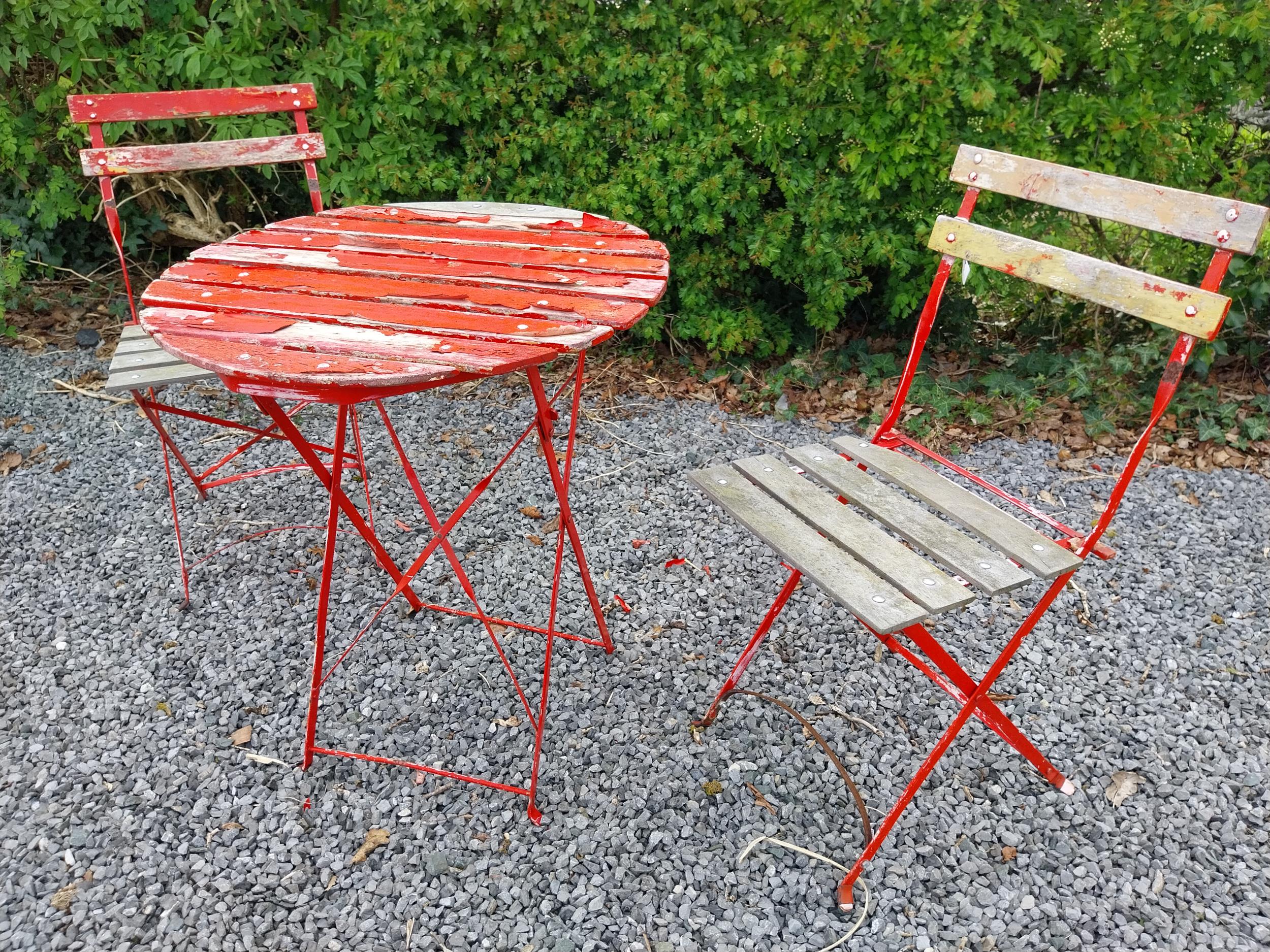 Metal and wooden garden table with two matching chairs {Tbl. 71 cm H x 60 cm Dia. and 82 cm H x 38 - Image 2 of 3