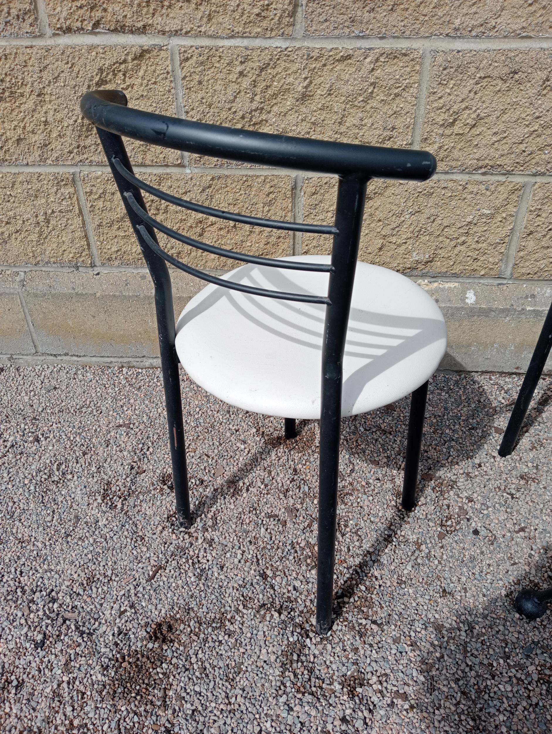 Cast iron table with marble top and six metal chairs with leather seats {Table H 72cm x W 120cm x - Image 4 of 7