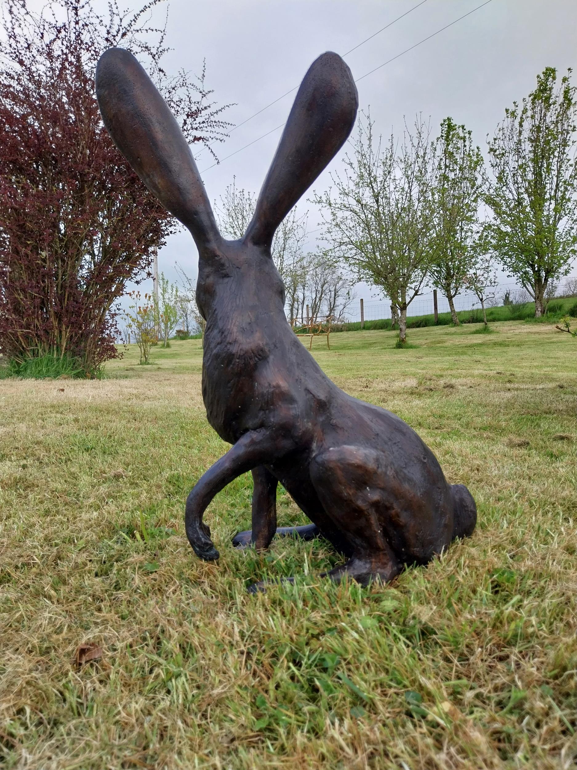 Exceptional quality bronze statue of a seated Hare with ears up {61 cm H x 35 cm W x 20 cm D}. - Image 4 of 6