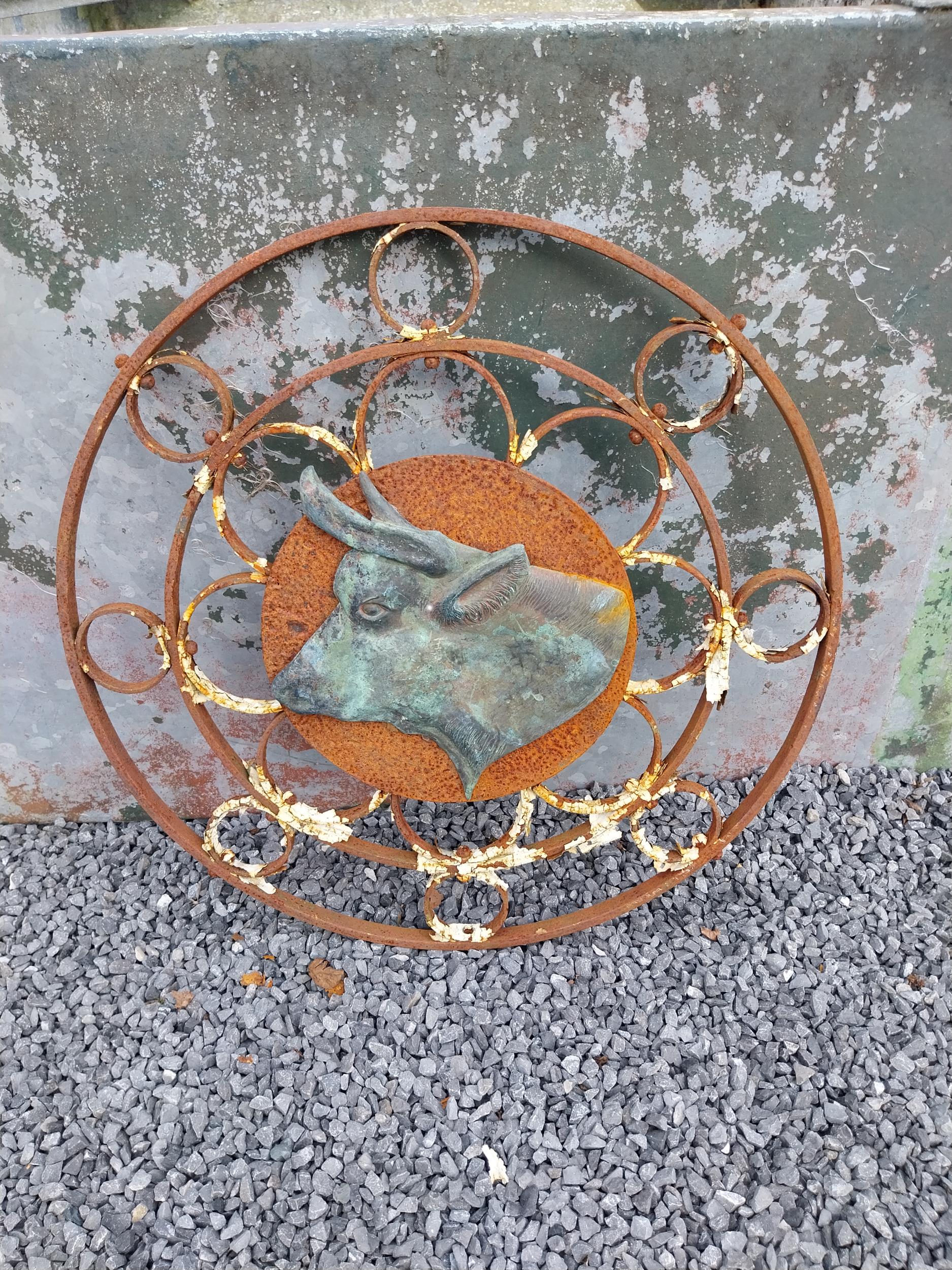 1950s wrought iron wall plaque decorated with copper Bullhead {70 cm Dia.}.