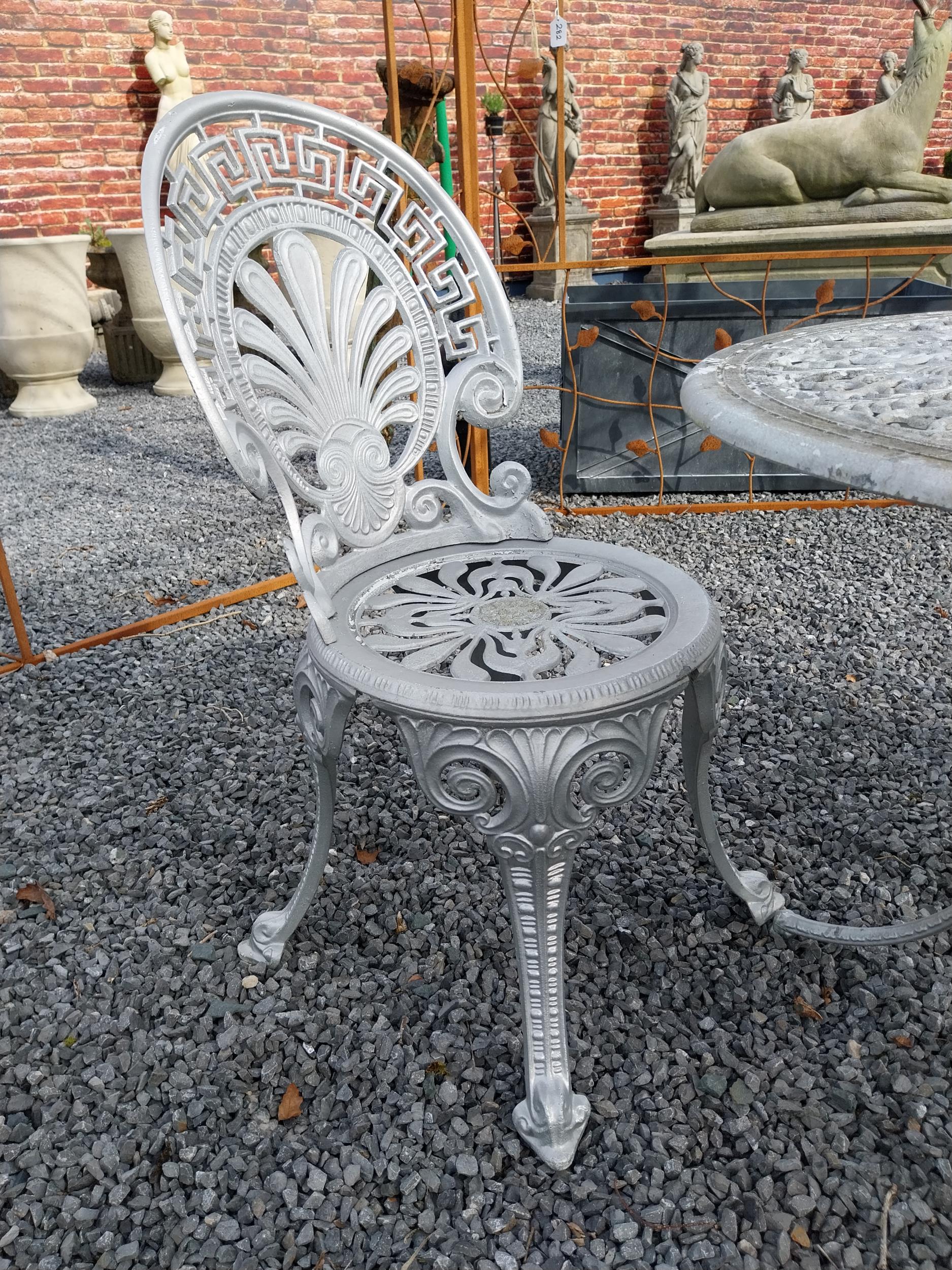 1950s cast aluminium garden table with two matching chairs {Tbl. 62 cm H x 68 cm Dia. and Chairs - Image 2 of 4