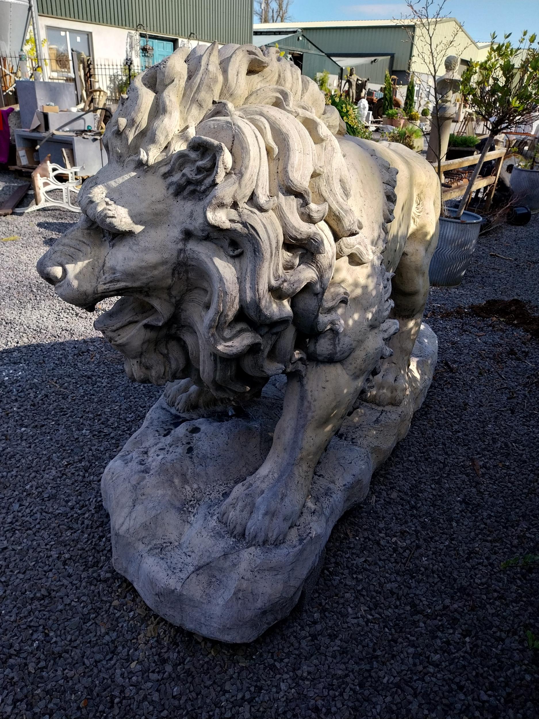 Pair of exceptional quality moulded sandstone majestic Lions {132 cm H x 210 cm W x 80 cm D}. - Image 9 of 16