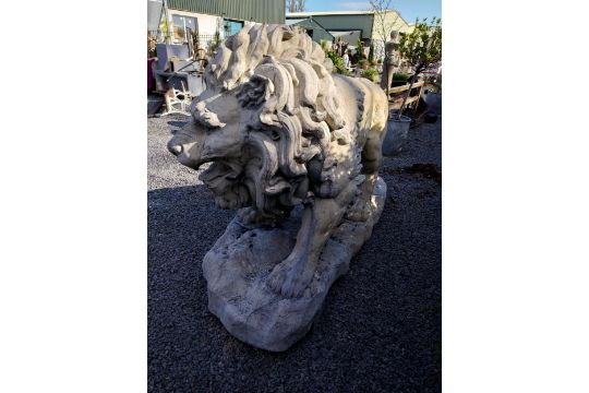 Pair of exceptional quality moulded sandstone majestic Lions {132 cm H x 210 cm W x 80 cm D}. - Image 9 of 16