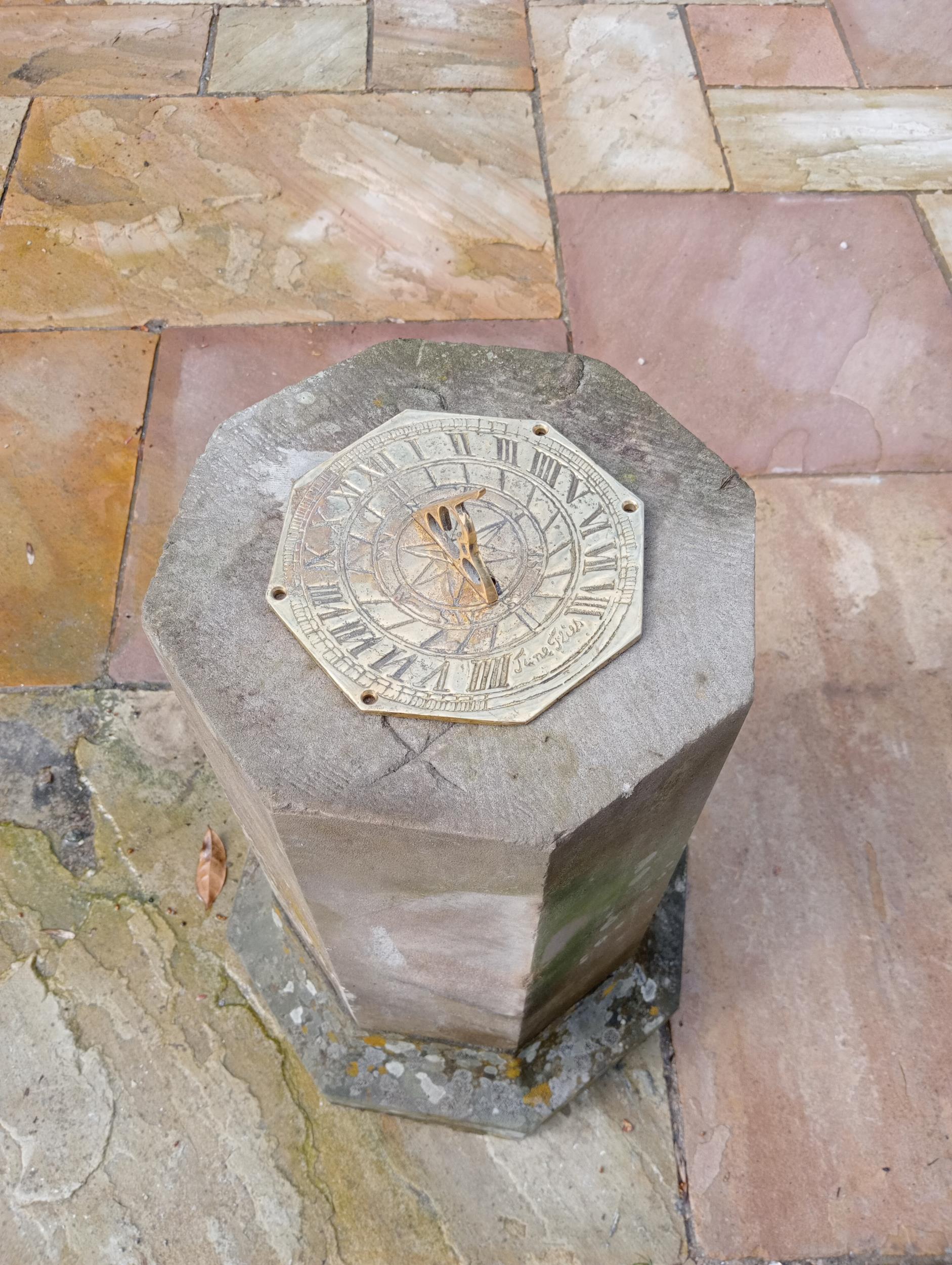 Sandstone and brass hexagon top sundial {H 75cm x D 30cm}. (NOT AVAILABLE TO VIEW IN PERSON) - Image 2 of 2