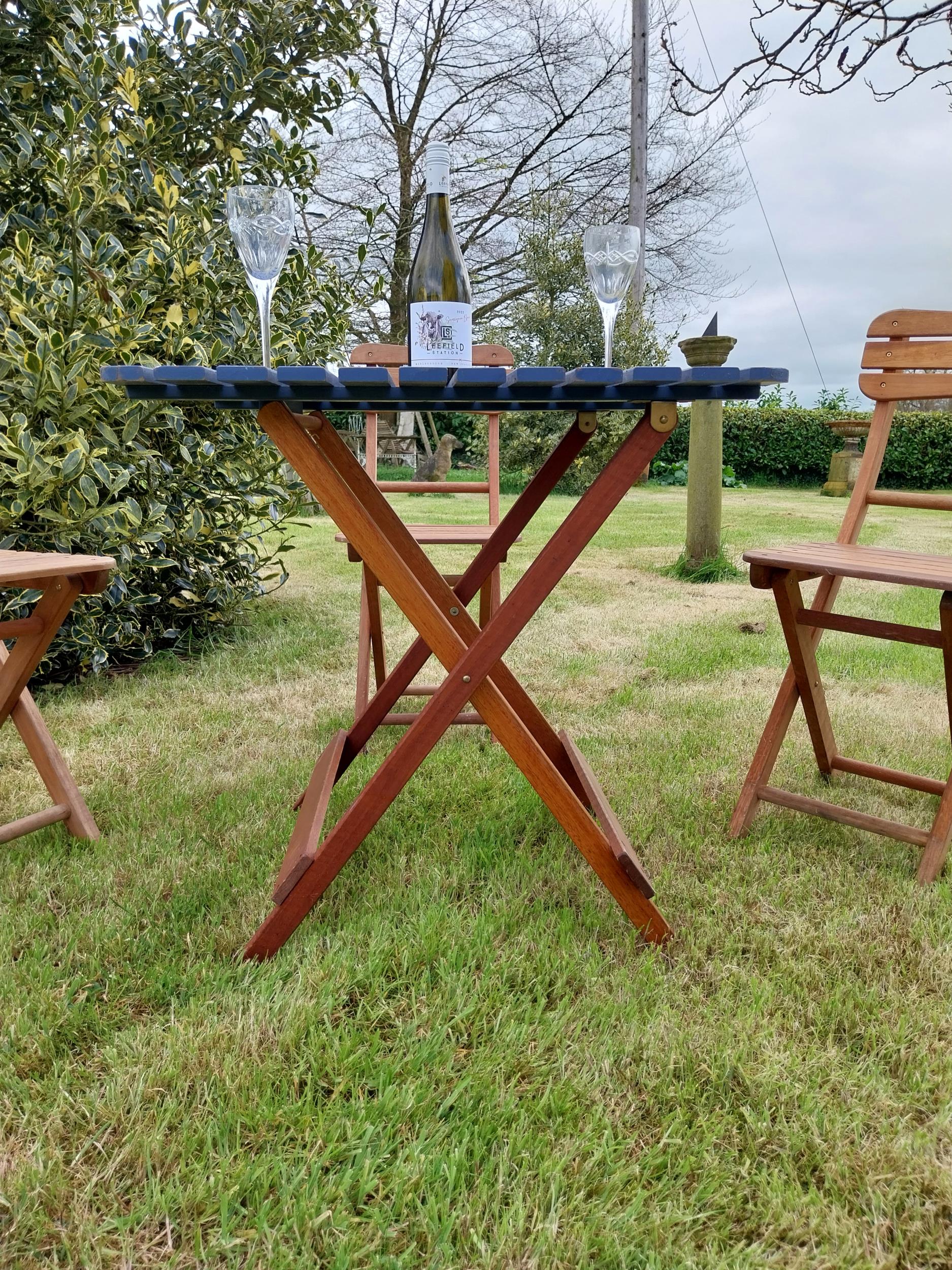 Good quality teak folding garden table with three matching garden chairs {Tbl. 71 cm H x 68 cm W x - Image 3 of 9