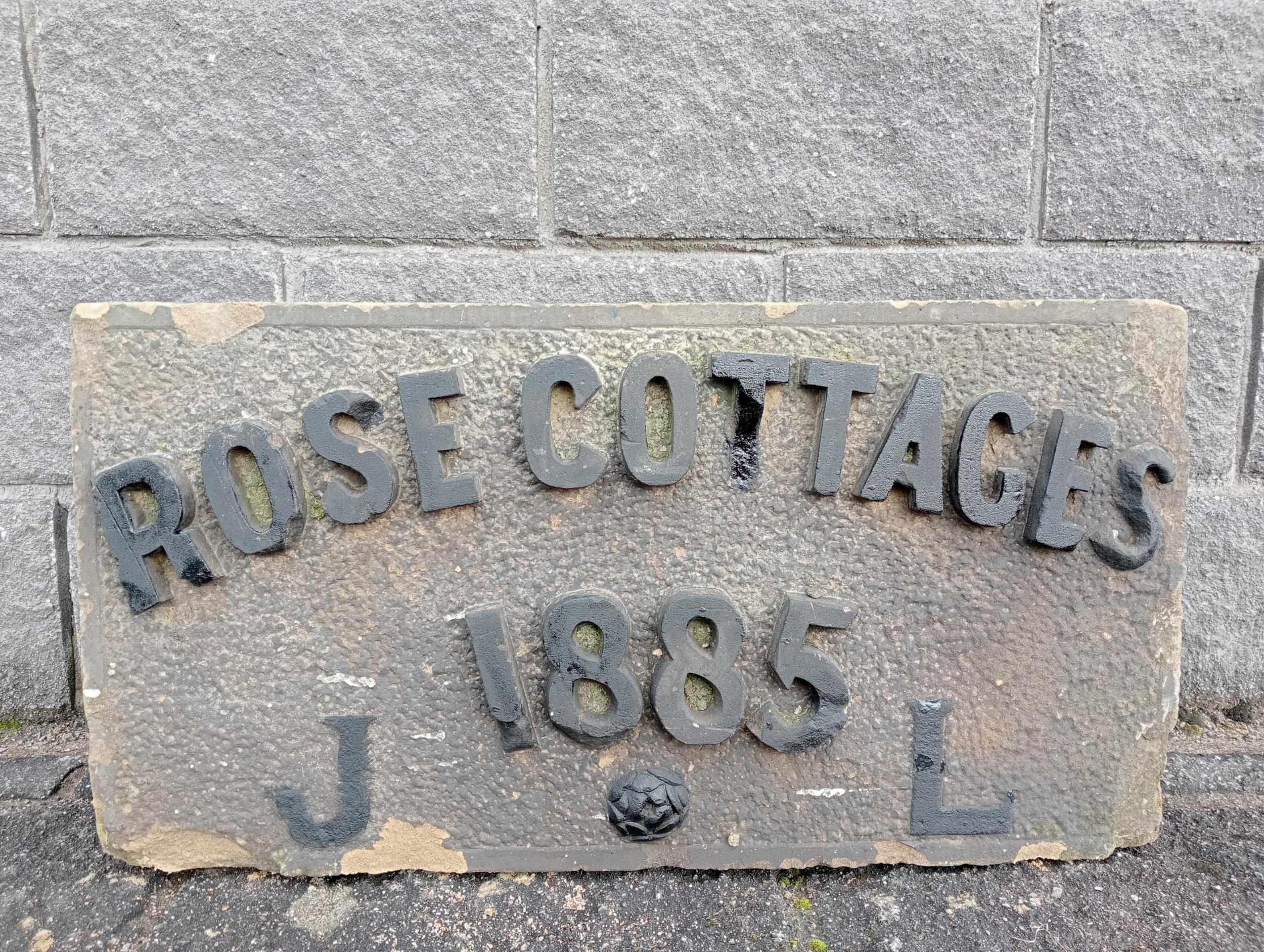 Sandstone name plaque - Rose cottages 1885 {H 40cm x W 80cm x D 18cm }. (NOT AVAILABLE TO VIEW IN