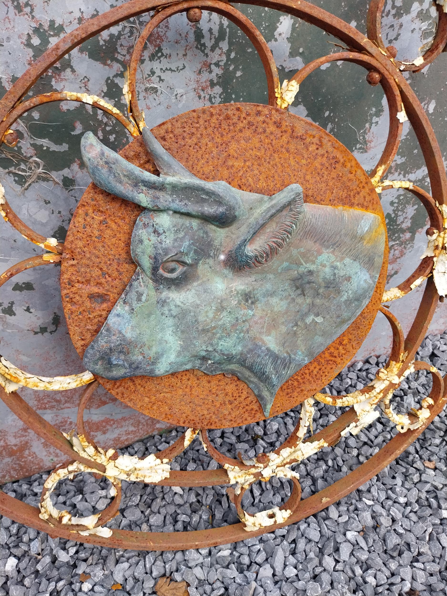 1950s wrought iron wall plaque decorated with copper Bullhead {70 cm Dia.}. - Image 2 of 2