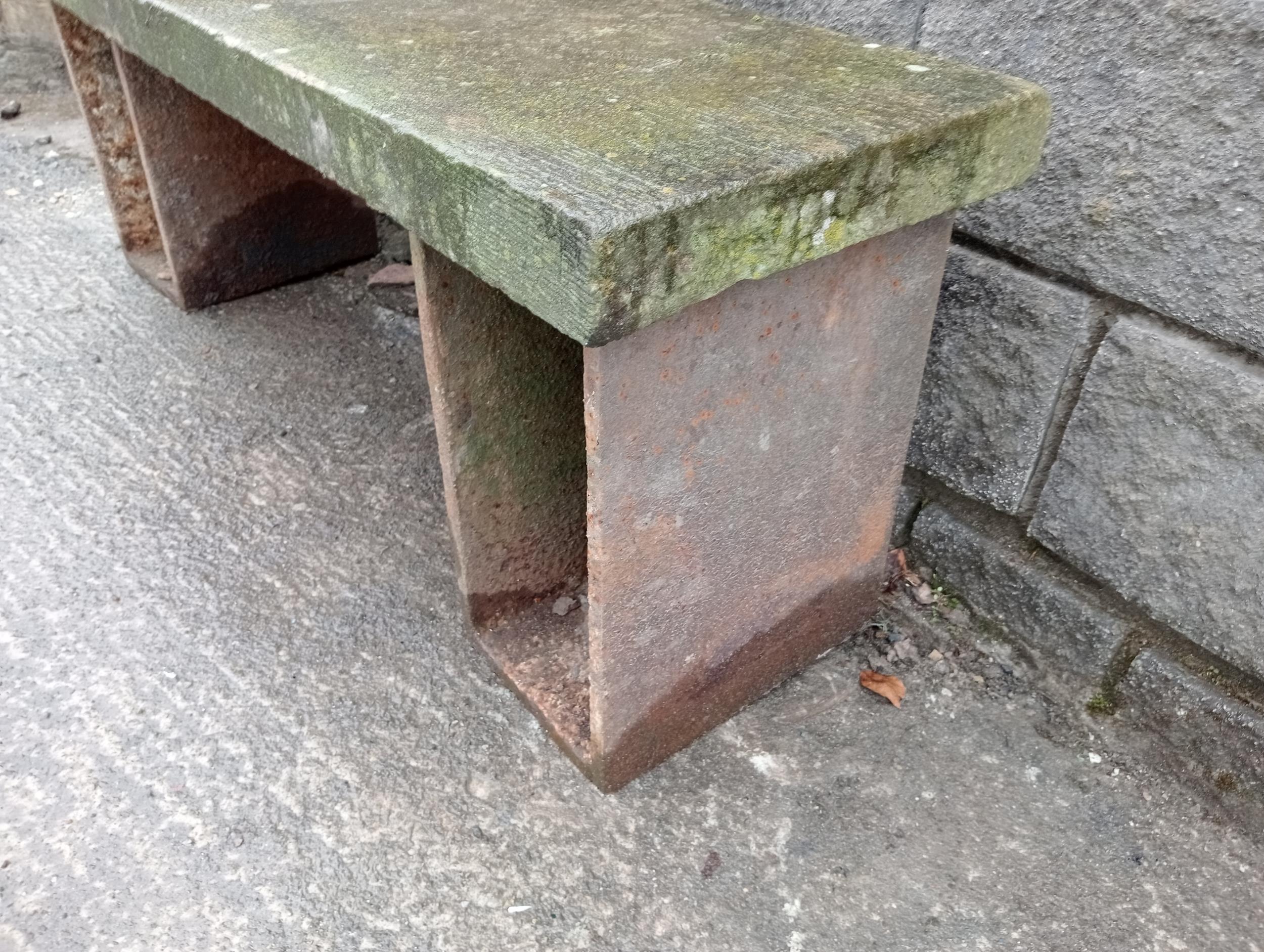 Victorian sandstone garden table cast iron legs {H 54cm x W 160cm x D 79cm }. (NOT AVAILABLE TO VIEW - Image 2 of 2