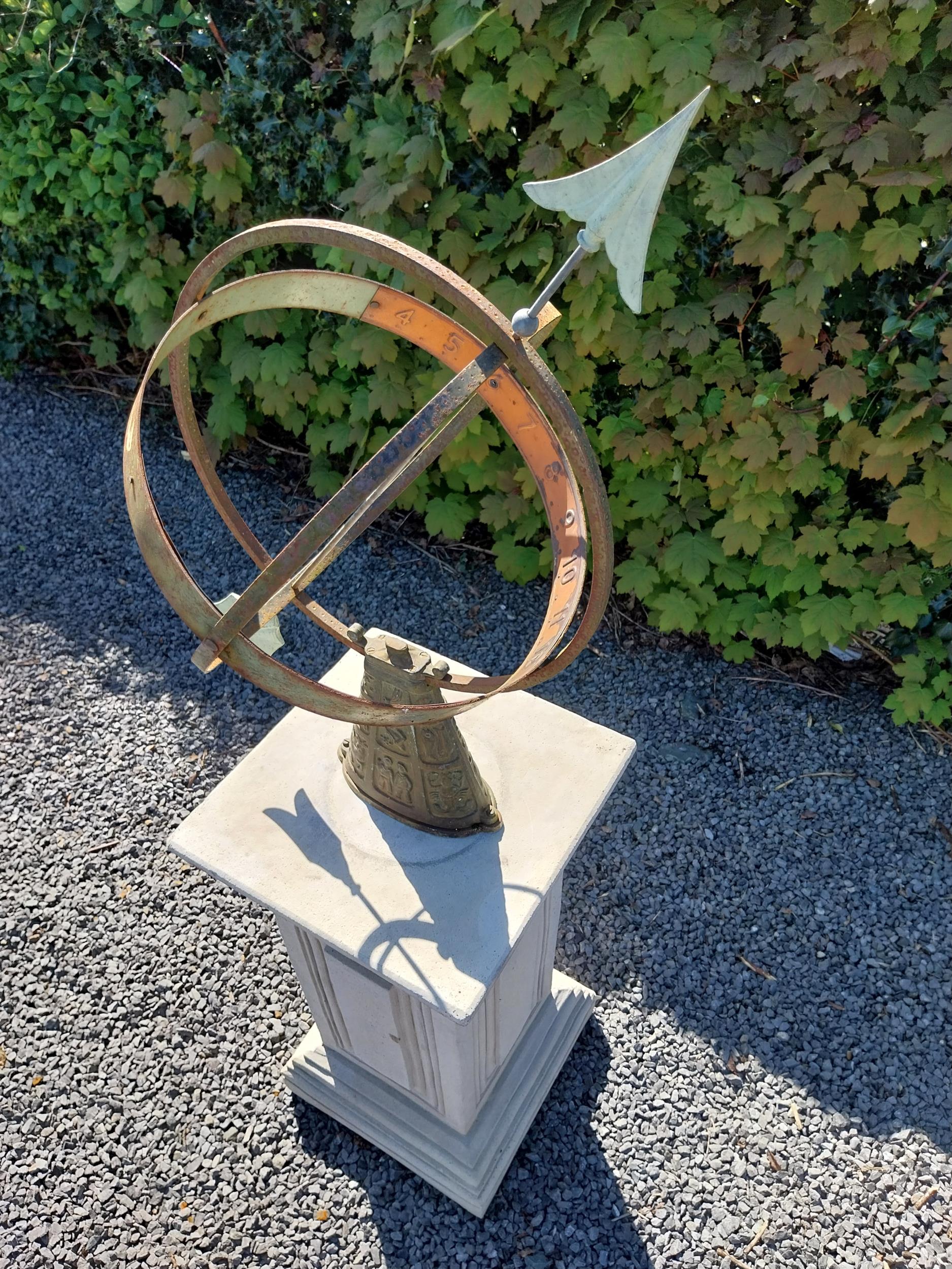 Copper and metal Armorial sundial raised on moulded sandstone pedestal {158 cm H x 40 cm W x 40 cm - Image 7 of 10