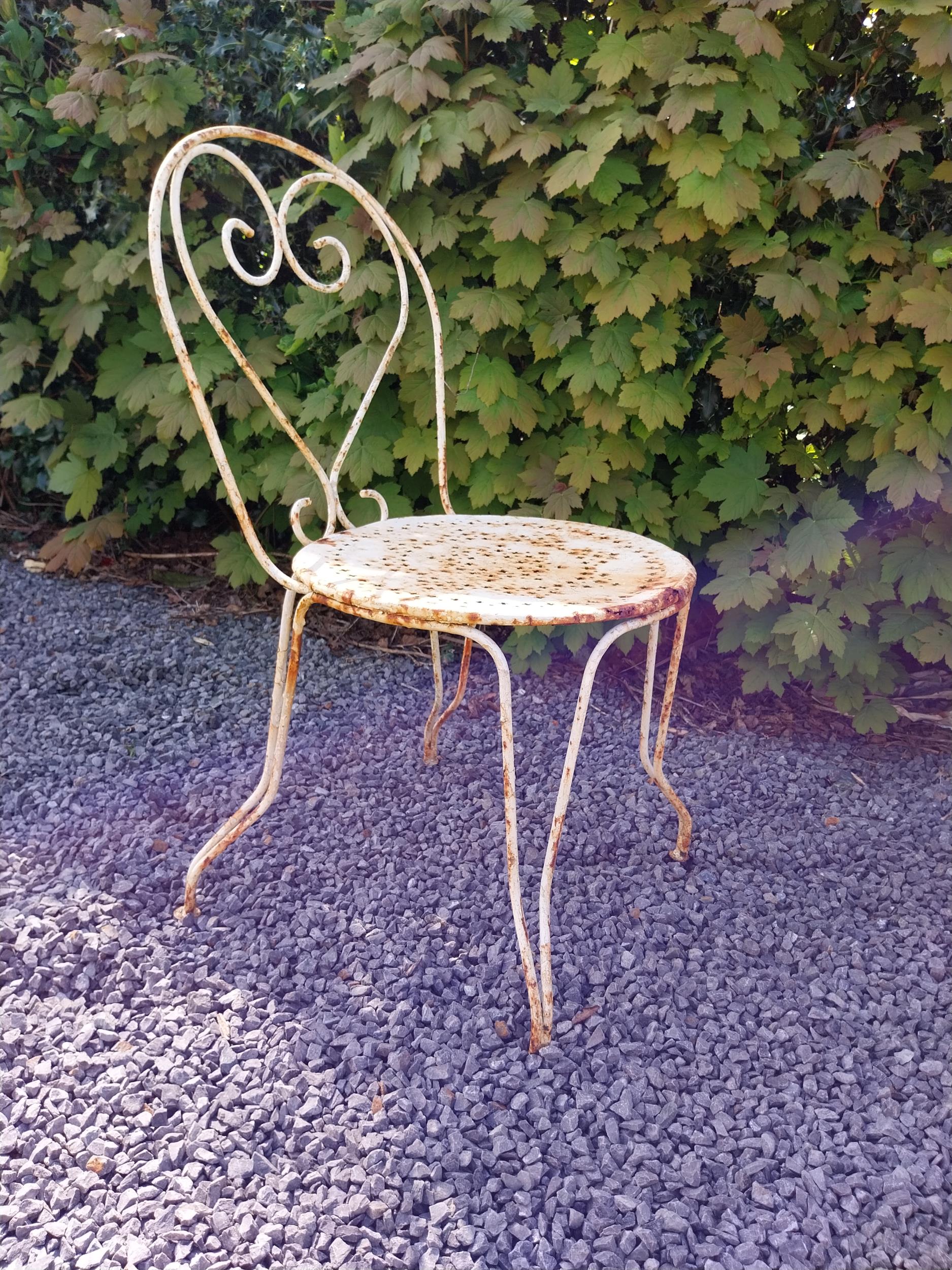 Early 20th C. French wrought iron garden table with three matching chairs and one matching - Image 5 of 9