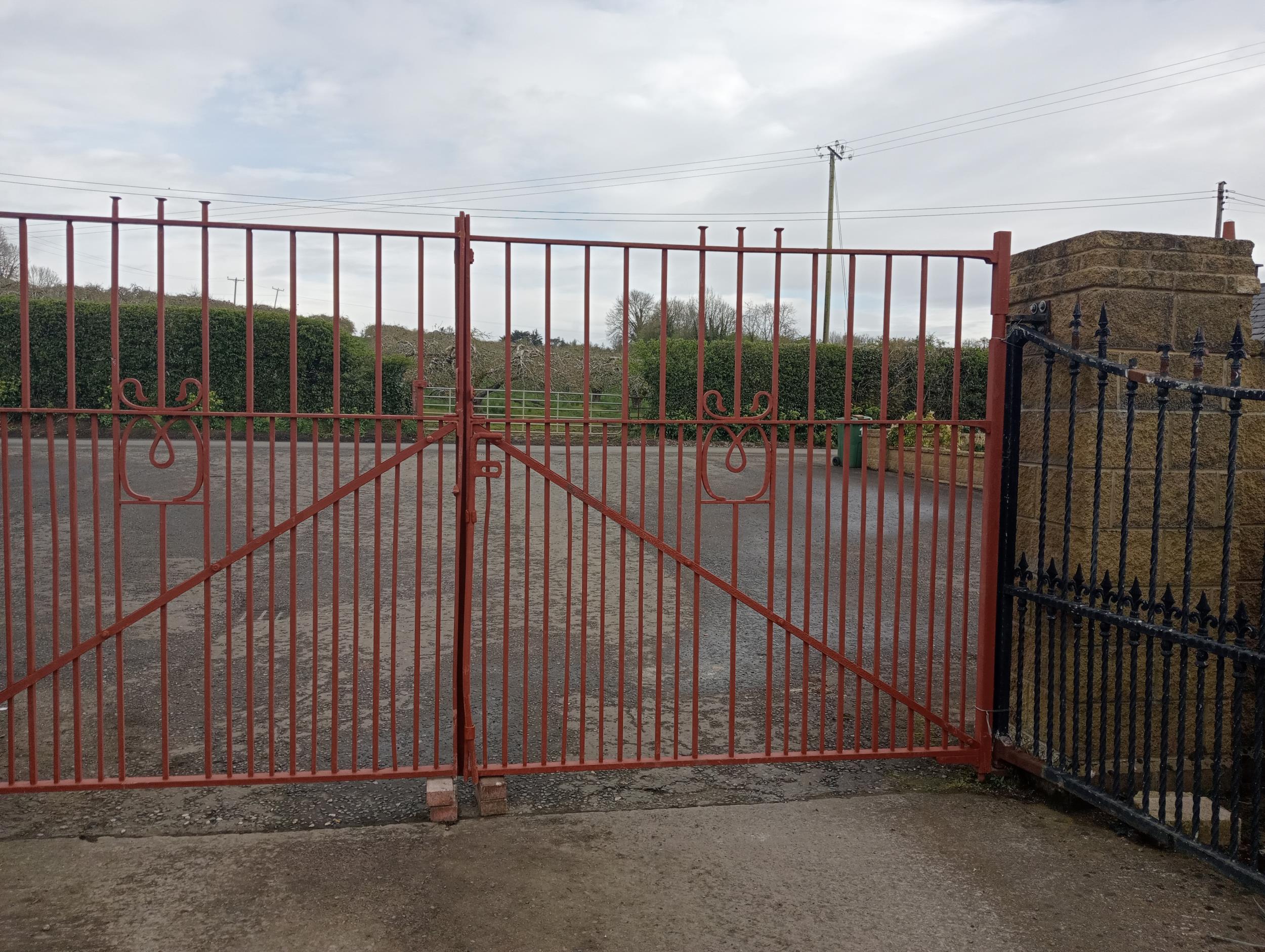 Pair of forged wrought iron riveted entrance gates {H 220cm x W 463cm x D 6cm}. (NOT AVAILABLE TO - Image 2 of 8