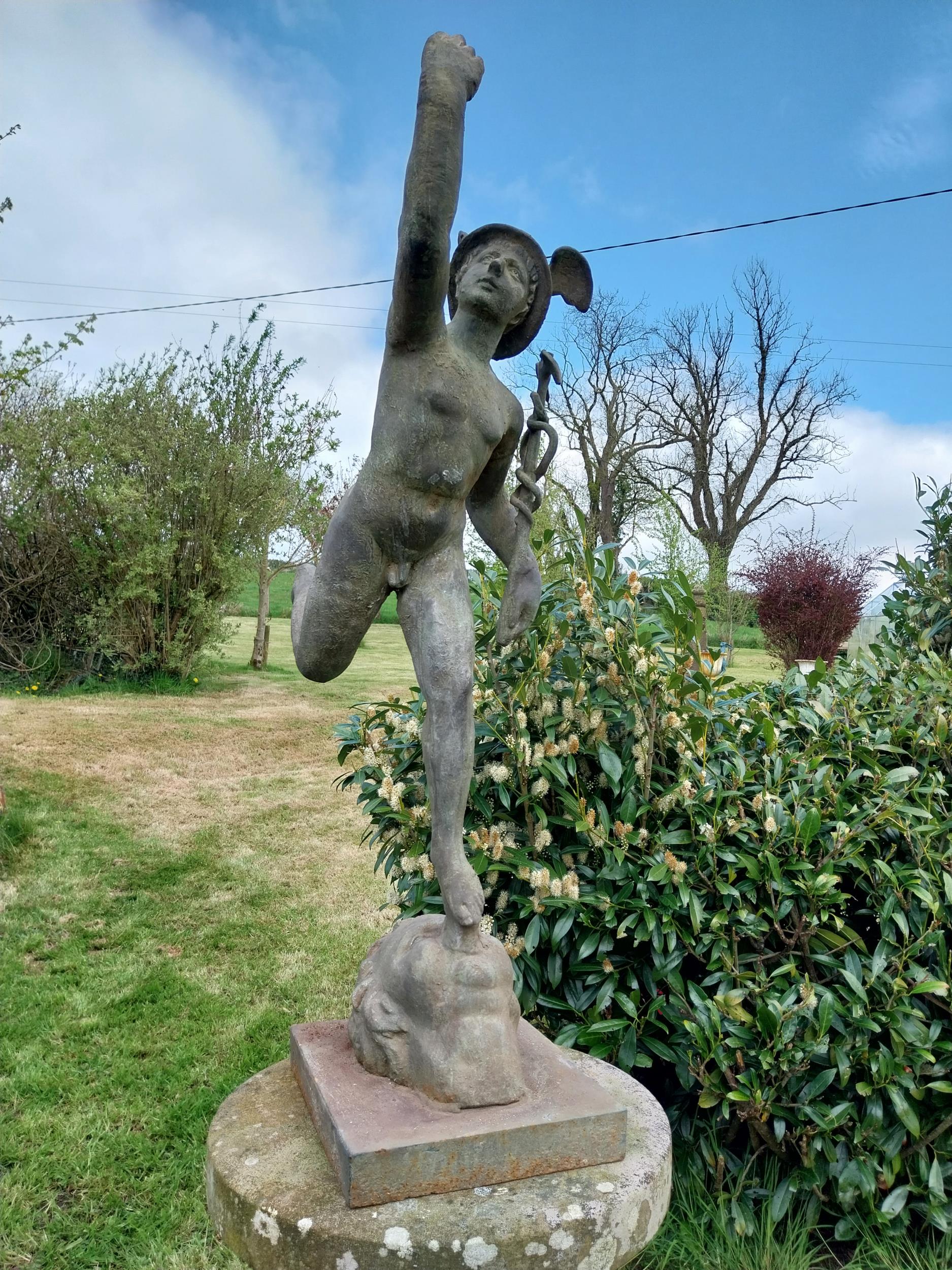 Cast iron with bronze effect sculpture of Mercury mounted on plinth {106 cm H x 29 cm W x 35 cm D}. - Image 6 of 8