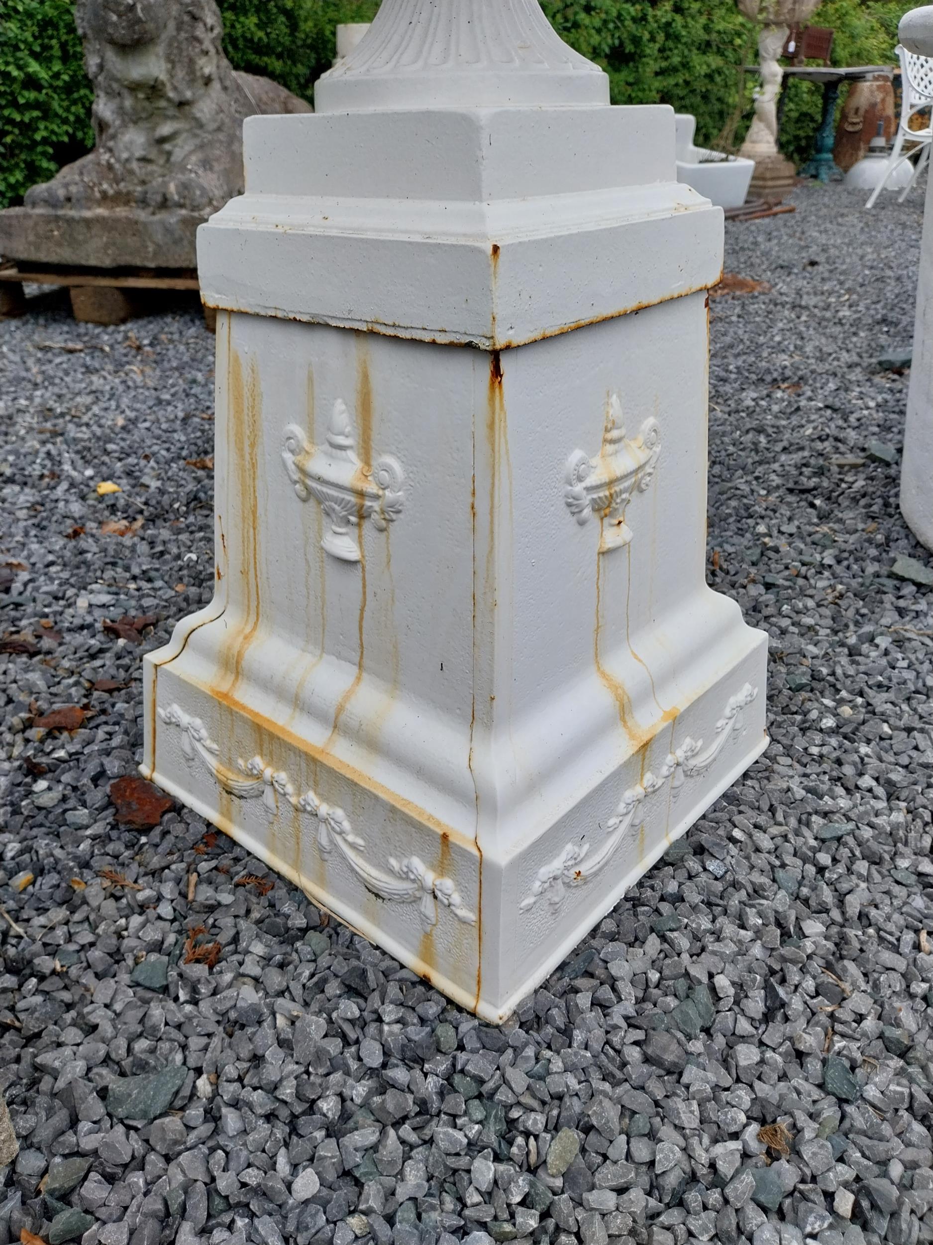 Decorative French cast iron urn raised on pedestal {109 cm H x 86 cm W x 60 cm D}. (NOT AVAILABLE TO - Image 5 of 8