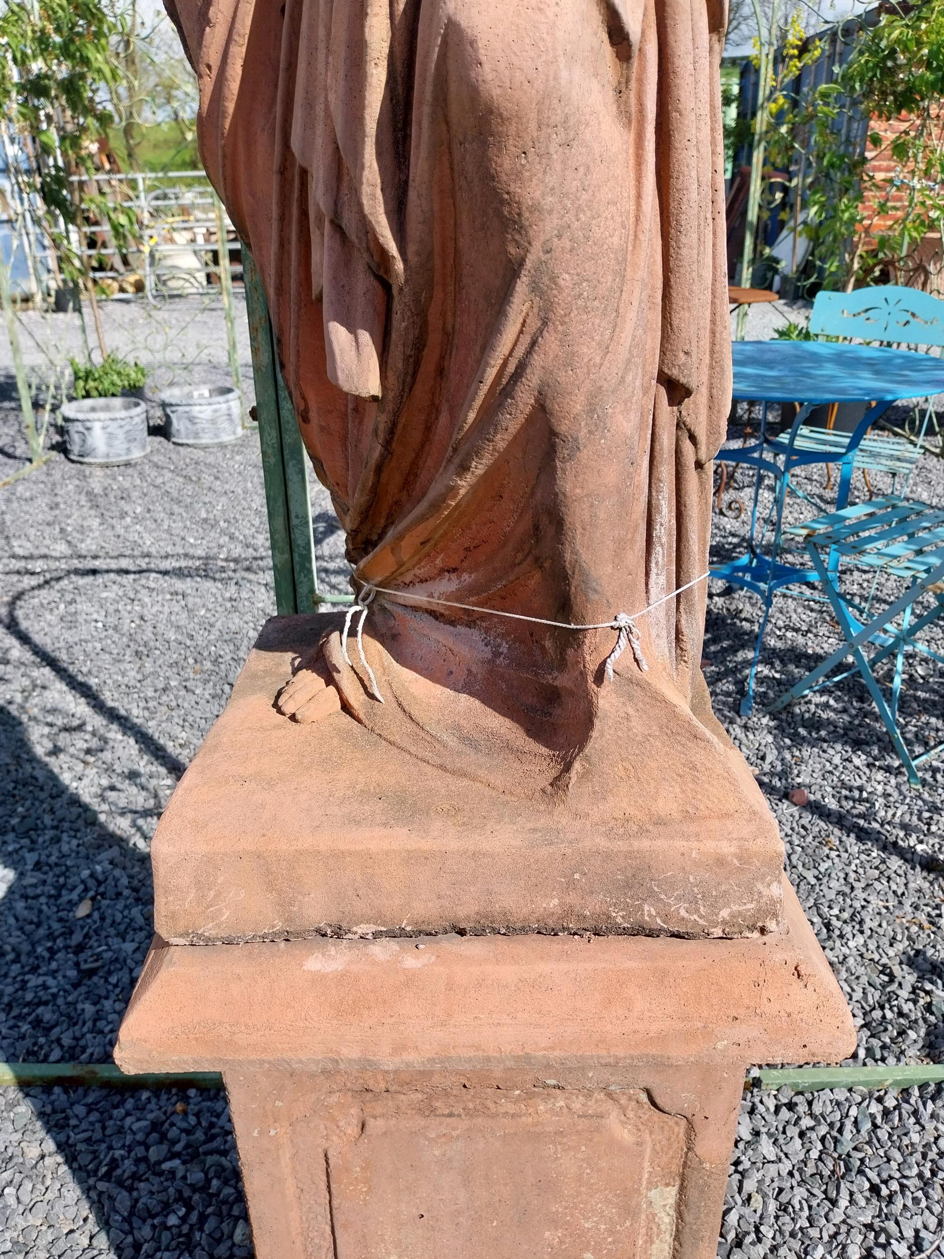 Moulded terracotta Venus de Milo statue raised on pedestal {200 cm H x 47 cm W x 47 cm D}. - Image 6 of 10