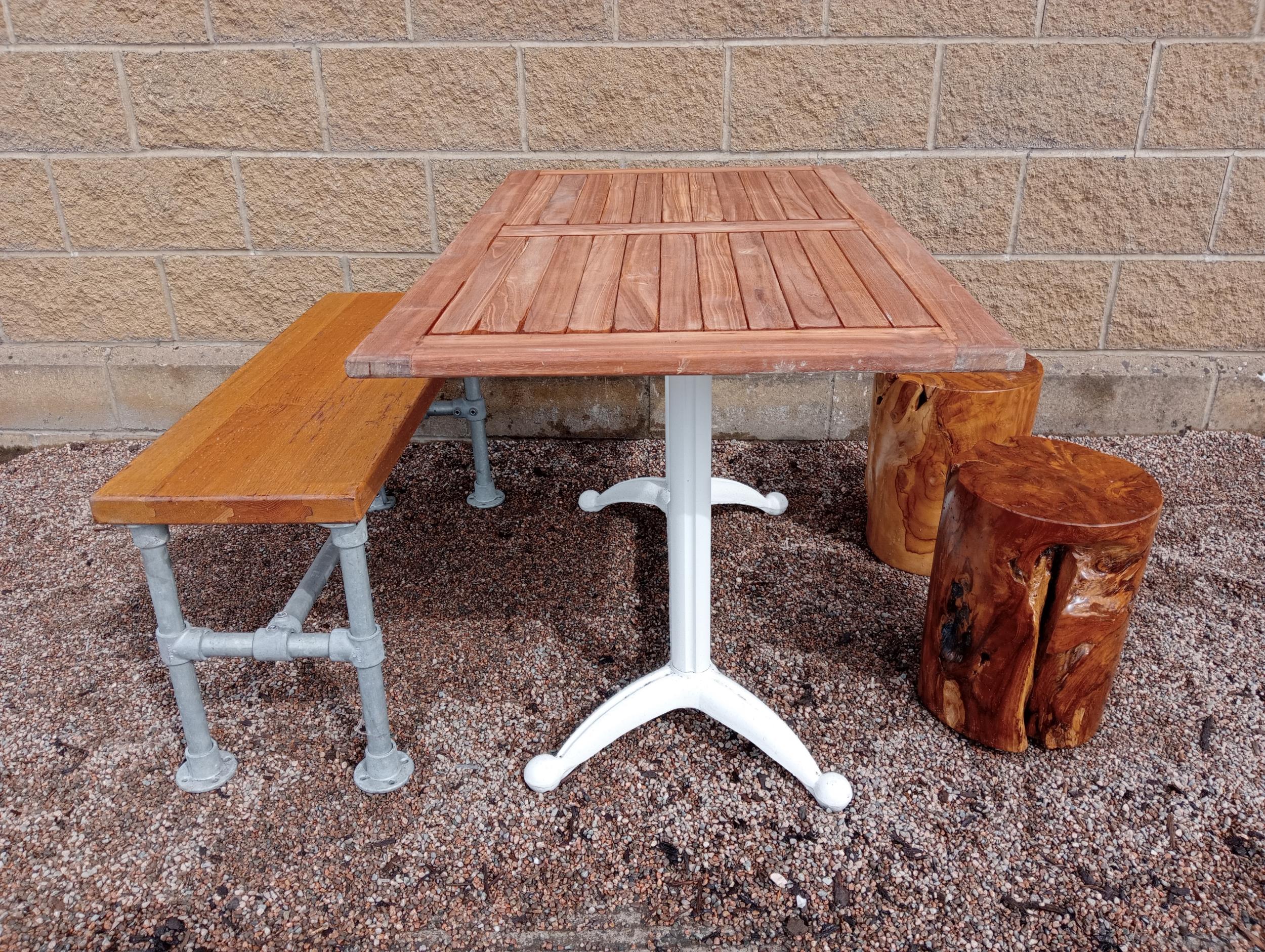 Cast iron garden table with Iroko wood top including wooden bench and two stools {Table H 73cm x W