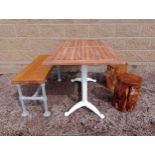 Cast iron garden table with Iroko wood top including wooden bench and two stools {Table H 73cm x W