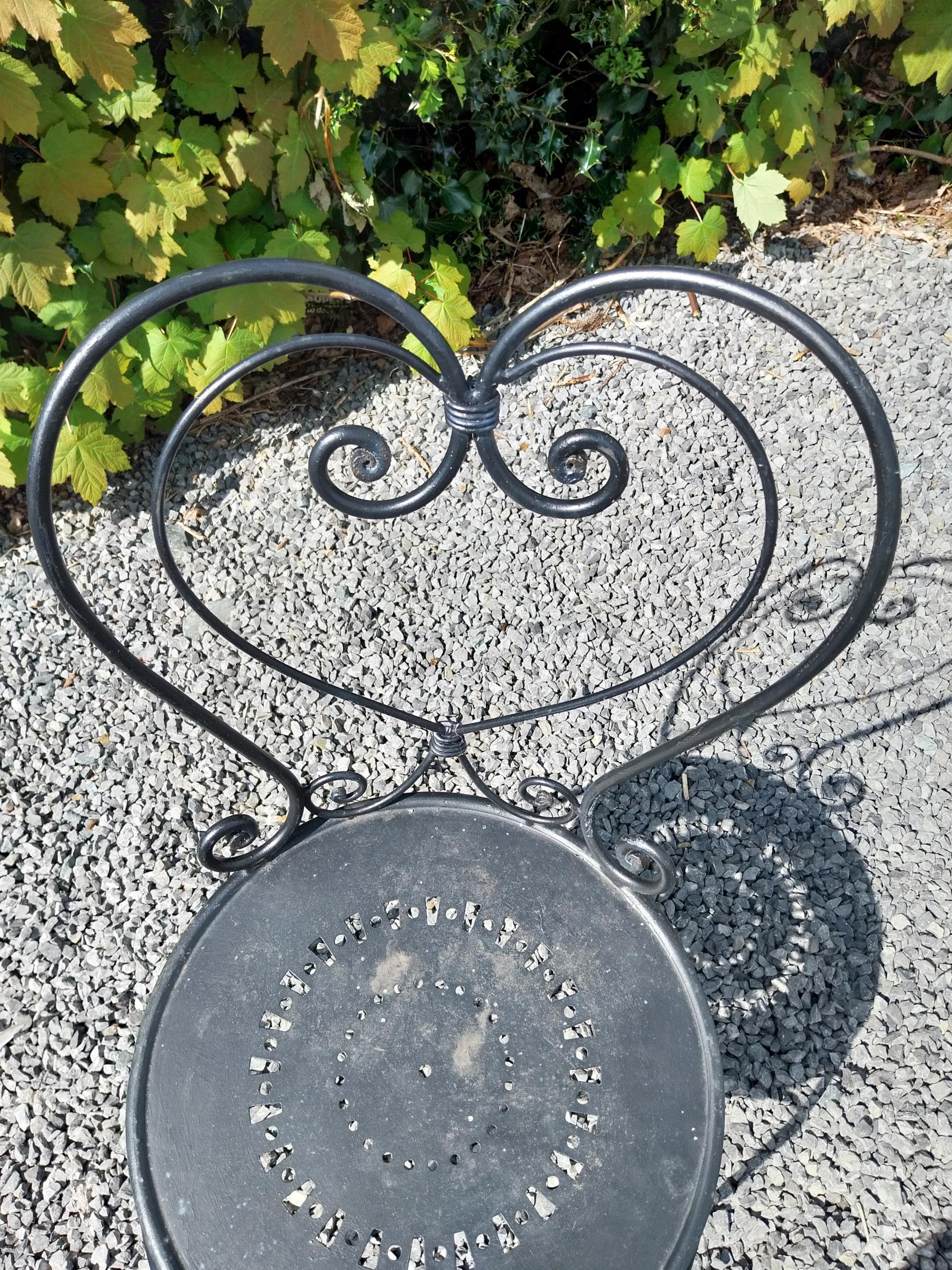 Wrought iron garden table with three matching chairs {Tbl. 65 cm H x 65 cm Dia. and Chairs 82 cm H x - Image 9 of 11